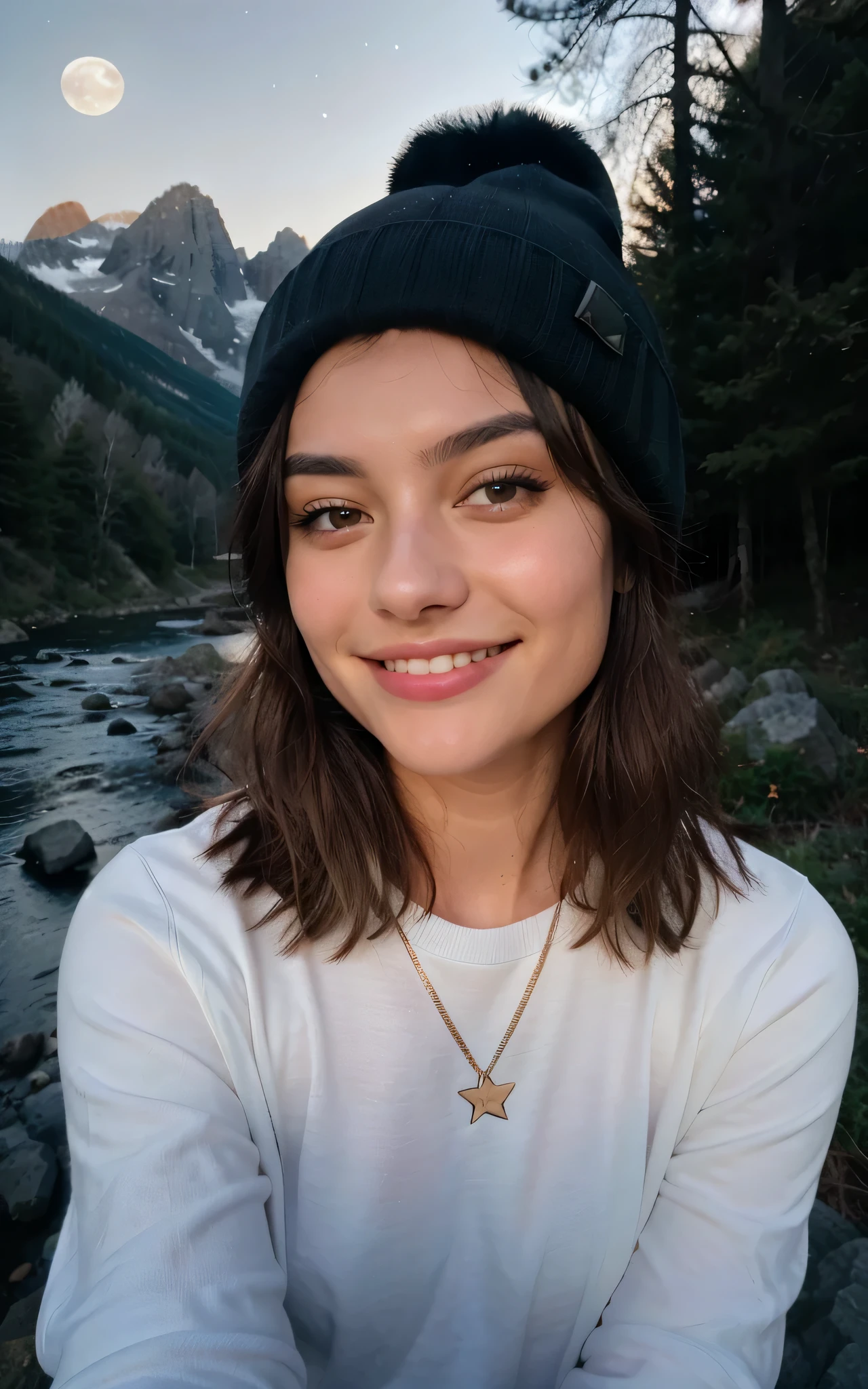 Photorealistic, Best Quality, Hyper Detailed, Beautiful woman, selfie photo, Upper body, Solo, wearing pullover, Outdoors, (Night), mountainscape, The nature of real life, Stars, Moon, (Outstanding smile、A dark-haired、sixteen years old、Cheerful, Happy), Beanie, flash lights, forest, boulders, River, Wood, Smoke, Fog, crystal clear skies, analog style, Looking at Viewer, Skin Texture, Film grain, close up, 超A high resolution, Best Shadow, raw, Instagram LUT