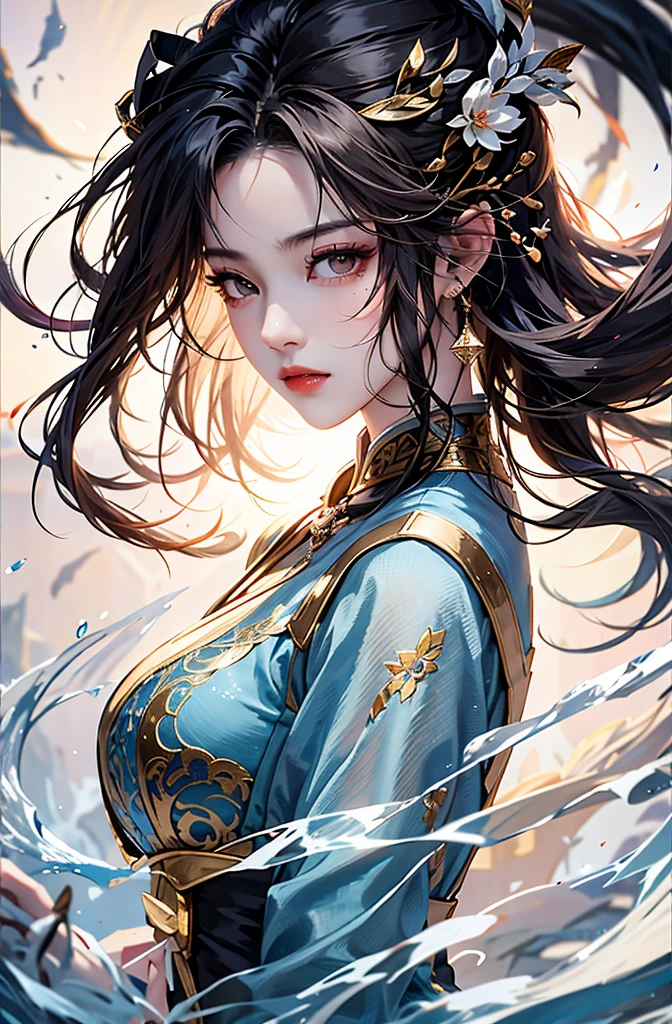 Xianxia style,1girl,Above the chest,A picture full of tension,solo,hot portrait of women, black eyes,epic water bending shot, in frontbeautiful glamor shot, in the style of Xianxia novel, lnuyashiki,water tribe influence, visual kei translucent color, 32k UHD, avatarall grown up,sharp focus,panchromatic film, anime,(best quality:1.2)