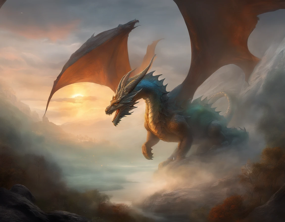 Medieval dragon emerging from the fog 
