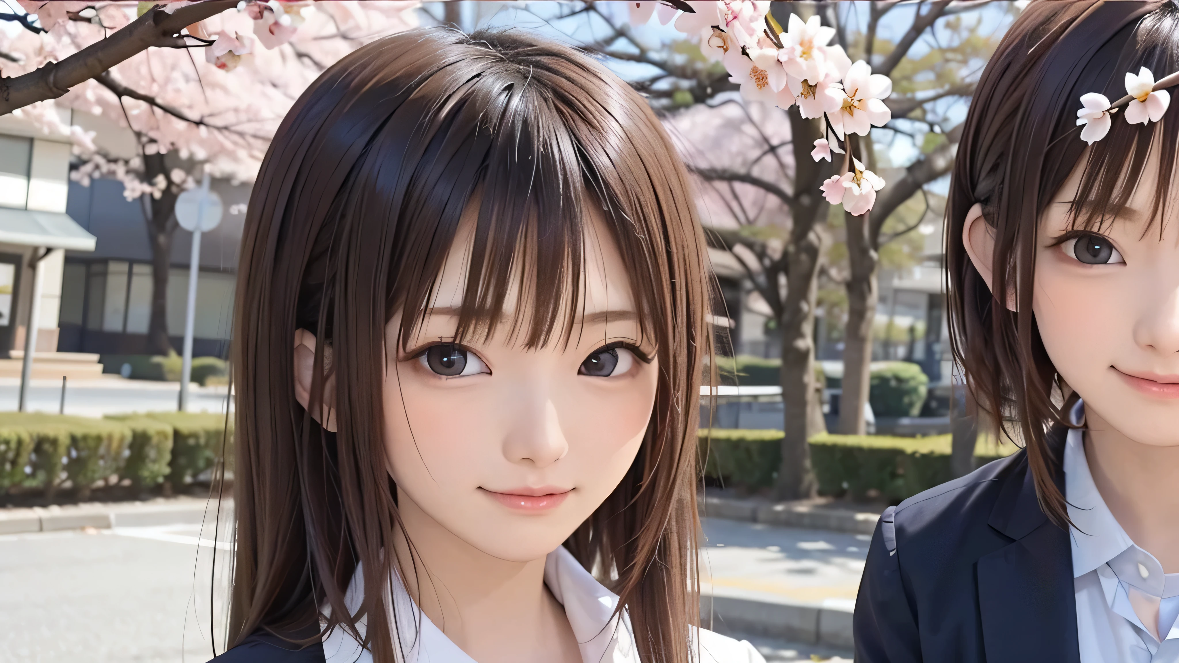 Anime-style portrait of Japanese  high school standing under spring cherry blossoms. she is looking to the side, her long brown hair blows in the wind. The girl has a calm expression, While watching the cherry blossom snowstorm illuminated by soft pink light. her eyes are black and shining, with a subtle smile. She is wearing a Japanese school uniform with a white blouse and a navy blue cardigan。。, Shining in the soft spring sunlight. The girl is depicted small in the frame. in the background, Bright pink cherry blossom branches are blurred. A scene of tranquility, bright, and peaceful atmosphere, Reminds you of the beautiful moments of Japanese anime.