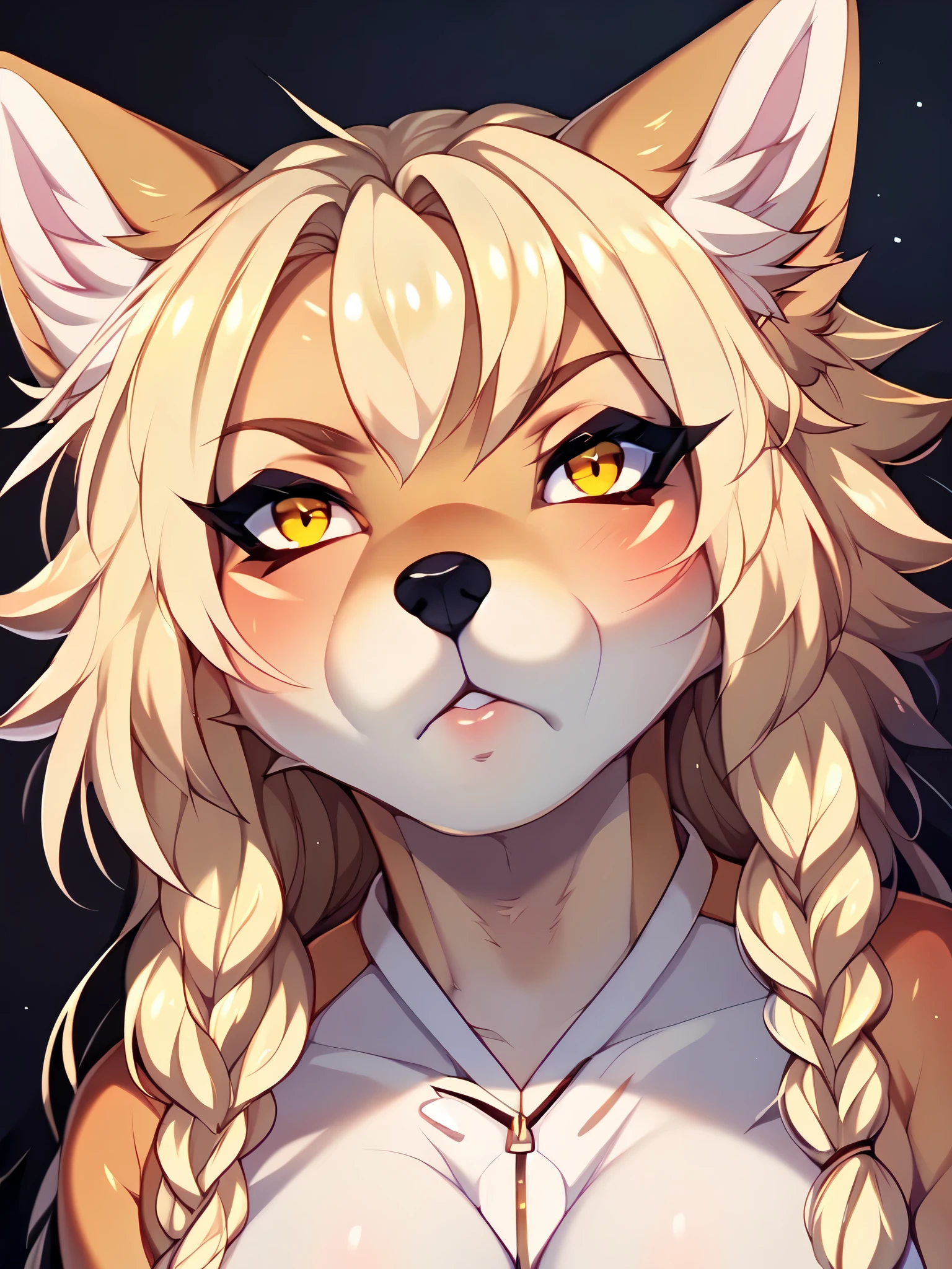 Kimiko, by fumiko, by hyattlen, by hioshiru, yellow eyes, black nose, expressionless, jitome, close up of face, portrait, low angle shot, fisheye shot, goofy face