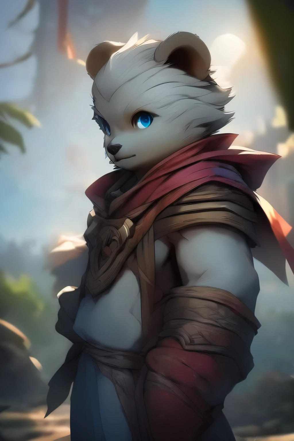 The streets of London at the beginning of the twentieth century,white bear,boy,White hair,Strong body,Wear a red cape,Bright morning sun,Bright and smart eyes,splash art,League of Legends style(A masterpiece)(high quality)(clear structure)(Clear lineackground of extreme detail)
