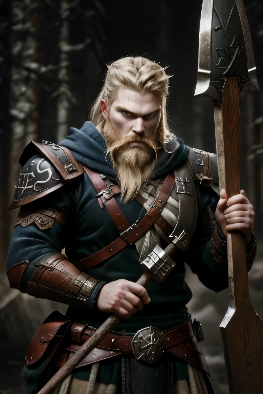 norse viking warrior holding an ax , com cara de mal, marcas de cicatrizes no rosto, ultra realista, usando roupas de couro