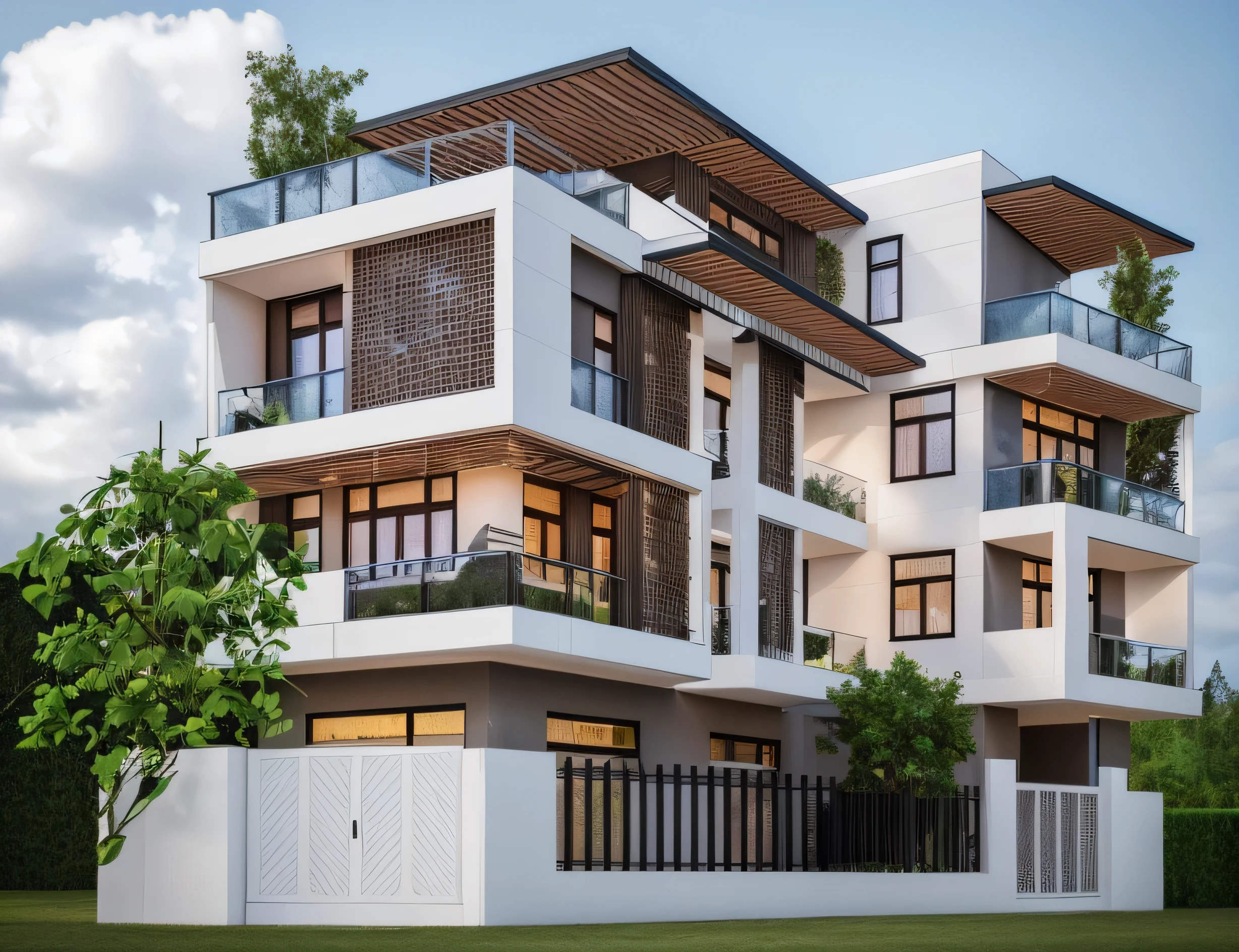 modernvilla, fully tiled, white and wood colour, trees, vine, architecture, building, cloud, vivid colour, masterpiece,best quality,super detailed,realistic,photorealistic, 8k, sharp focus, a photo of a buildinga photo of a building