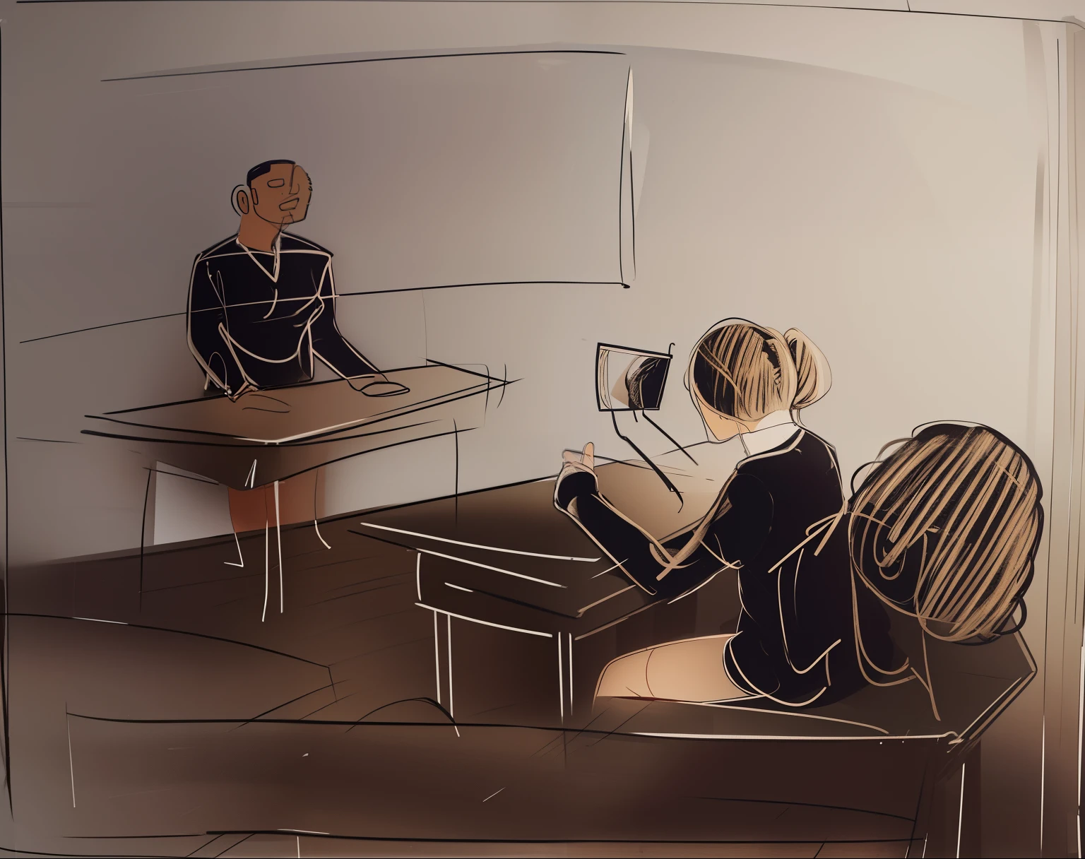 In the classroom, a drawing of a student sitting at his desk and a teacher standing at her desk. The student sitting in front of her desk looks in the mirror at the student behind her. The teacher is on a higher plane in front of the blackboard, outros alunos continuam estudando sem perceber a sena.