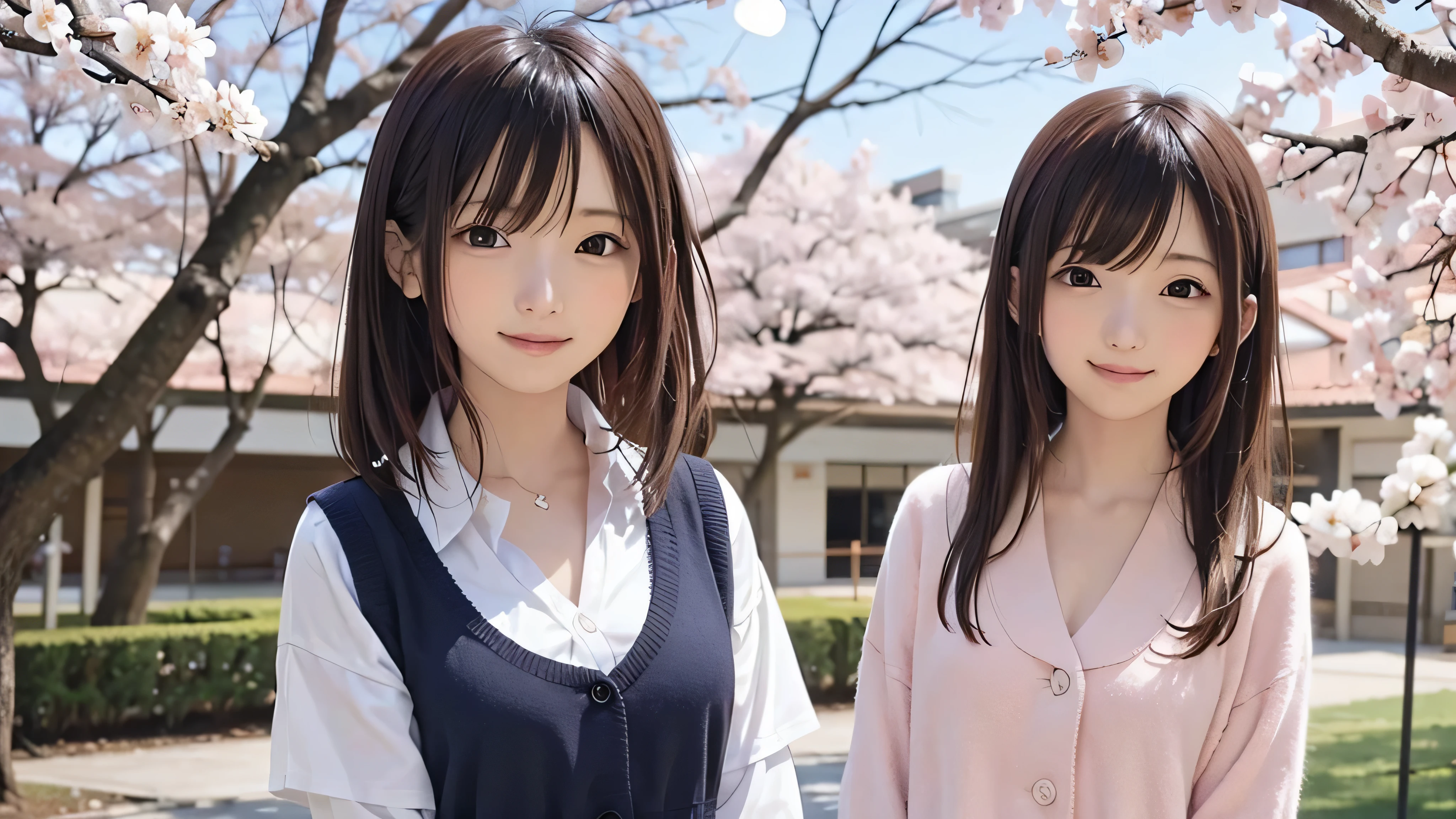 Anime-style portrait of Japanese junior high school girls standing under spring cherry blossoms. she is looking to the side, her long brown hair blows in the wind. The girl has a calm expression, While watching the cherry blossom snowstorm illuminated by soft pink light. her eyes are black and shining, with a subtle smile. She is wearing a Japanese school uniform with a white blouse and a navy blue cardigan。。, Shining in the soft spring sunlight. The girl is depicted small in the frame. in the background, Bright pink cherry blossom branches are blurred. A scene of tranquility, bright, and peaceful atmosphere, Reminds you of the beautiful moments of Japanese anime.