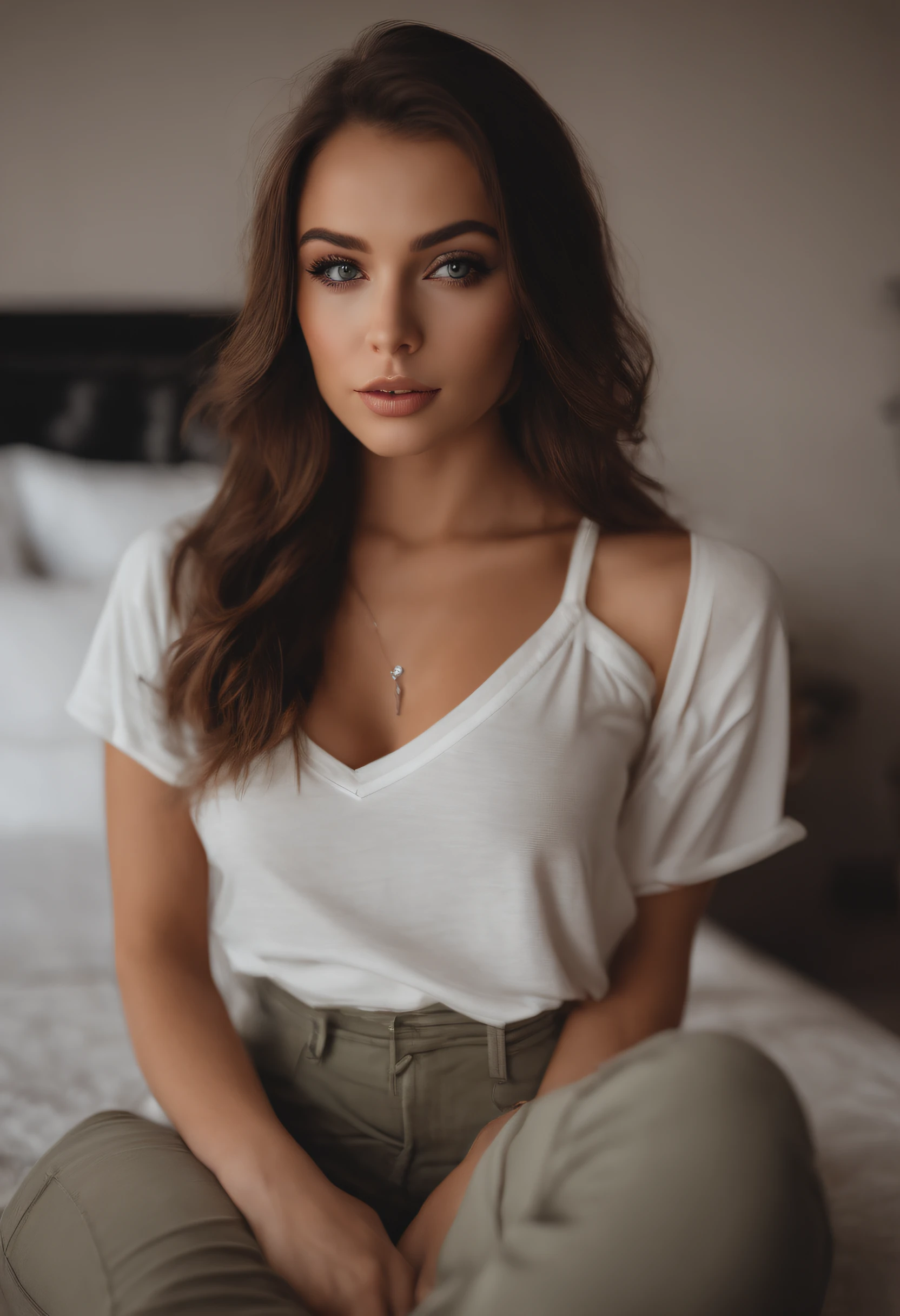 arafed woman with a white tank top and a necklace, sexy girl with green eyes, portrait sophie mudd, brown hair and large eyes, selfie of a young woman, bedroom eyes, violet myers, without makeup, natural makeup, looking directly at the camera, face with artgram, subtle makeup, stunning full body shot, piercing green eyes, beautiful angle, attractive pose, cute girl, sexy pose, full body picture, full body, full body shoot, brunette goddess, high detail, satisfied pose, wearing grey skirt and boots, skirt, boots