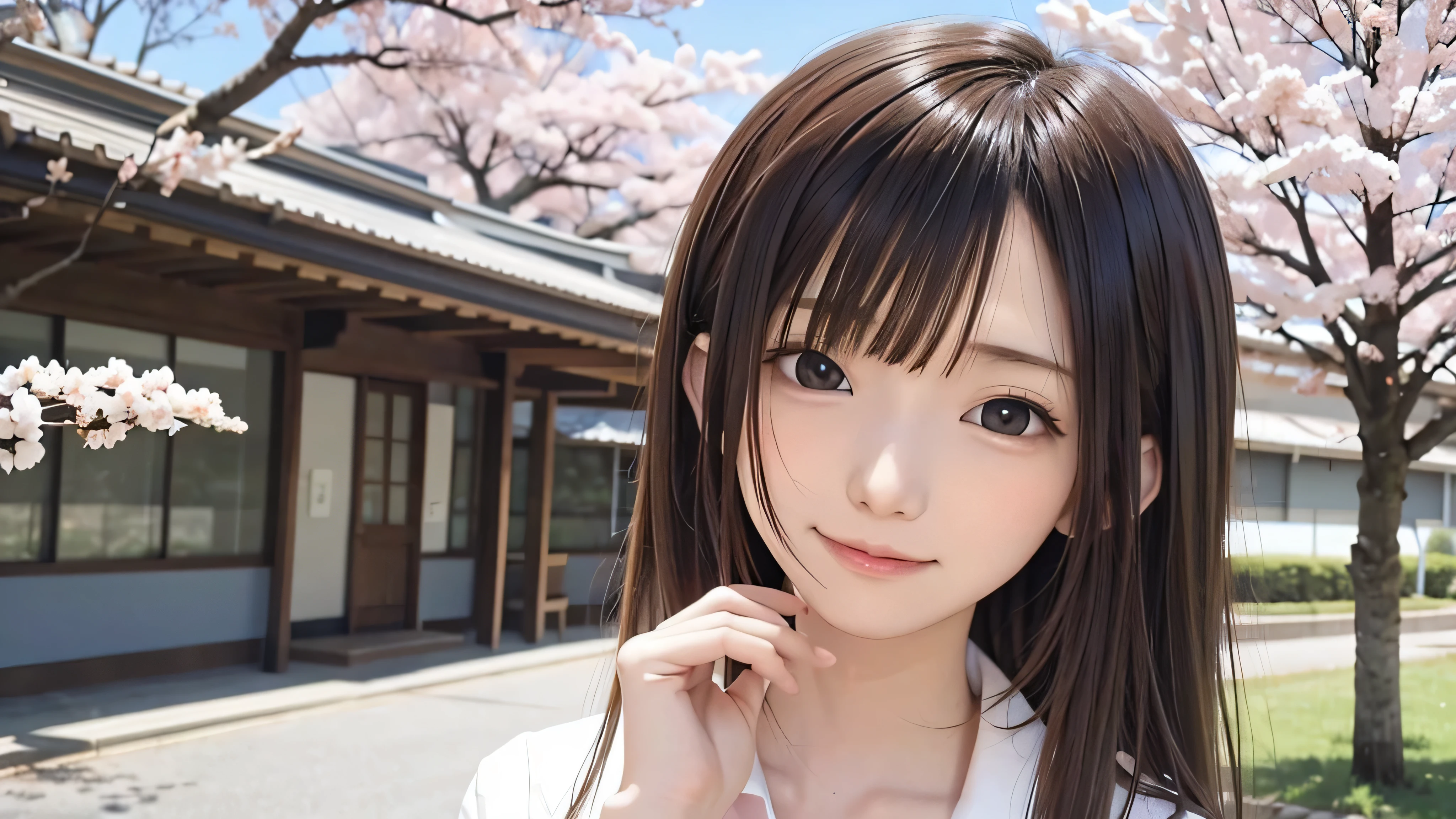 Anime-style portrait of Japanese junior high school girls standing under spring cherry blossoms. she is looking to the side, her long brown hair blows in the wind. The girl has a calm expression, While watching the cherry blossom snowstorm illuminated by soft pink light. her eyes are black and shining, with a subtle smile. She is wearing a Japanese school uniform with a white blouse and a navy blue cardigan。。, Shining in the soft spring sunlight. The girl is depicted small in the frame. in the background, Bright pink cherry blossom branches are blurred. A scene of tranquility, bright, and peaceful atmosphere, Reminds you of the beautiful moments of Japanese anime.
