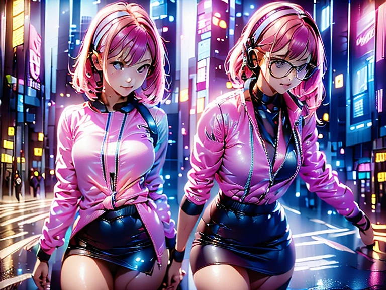((Best quality)), ((masterpiece)), ((realistic)) and ultra-detailed photography of a 1nerdy cute girl with neon headphones, She has ((pink hair)), wearing an pink techwear jacket, and exudes a ((beautiful)) vibe.