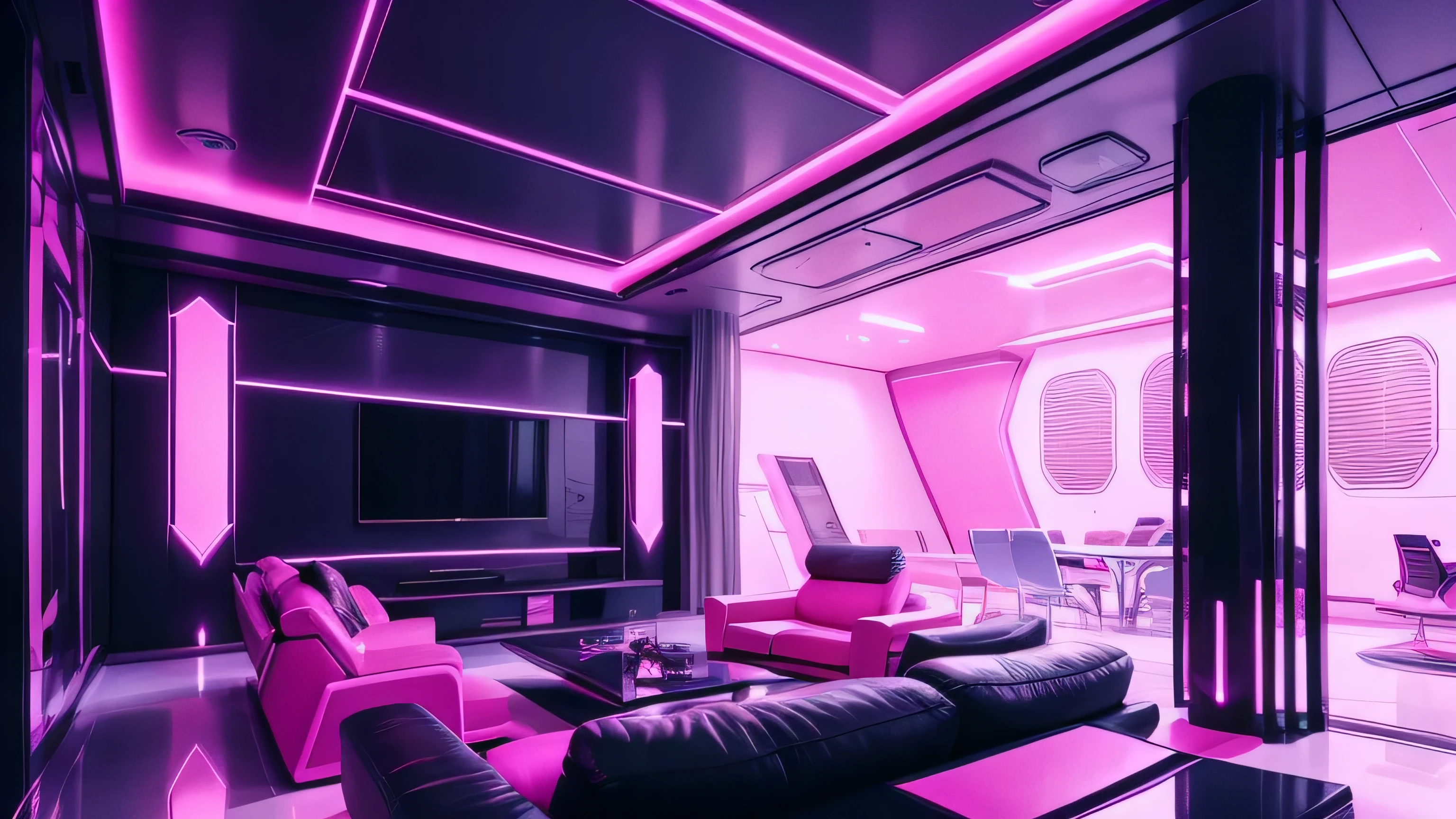 Dynamic angle, a view of a living room with a couch and a table, futuristic room, futuristic setting, futuristic decoration, futuristic looking living room, pink dystopian futurism, pink cyberpunk colors, futuristic but colorful shading, in style of beeple, beeple colors, futuristic aesthetic, futuristic art style, sci-fi aesthetics, inspired by Beeple