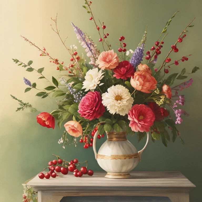 watercolor, flowers, Berries, leaves, high contrast, muted, Vintage