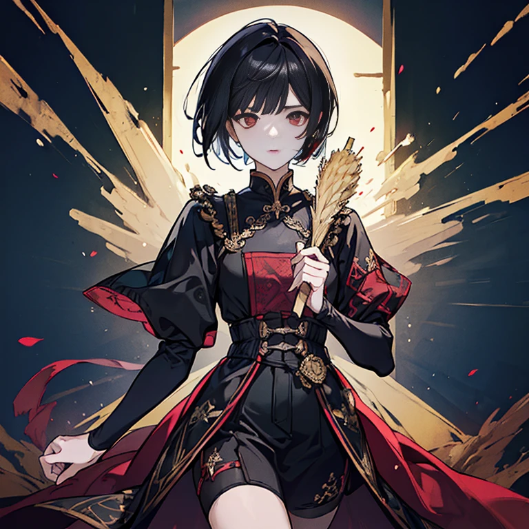 1 boy, One, Black hair, Square, bob hairstyle, Bob, shoulder length hair, Red eyes, shirt, Wellingtons, Lightweight clothing, medieval theme, Looking at the viewer, fantasy art, Beautiful picture, Guwaik style, epic exquisite character art, Awesome characters, man, Cant (reference sheet:1.5)