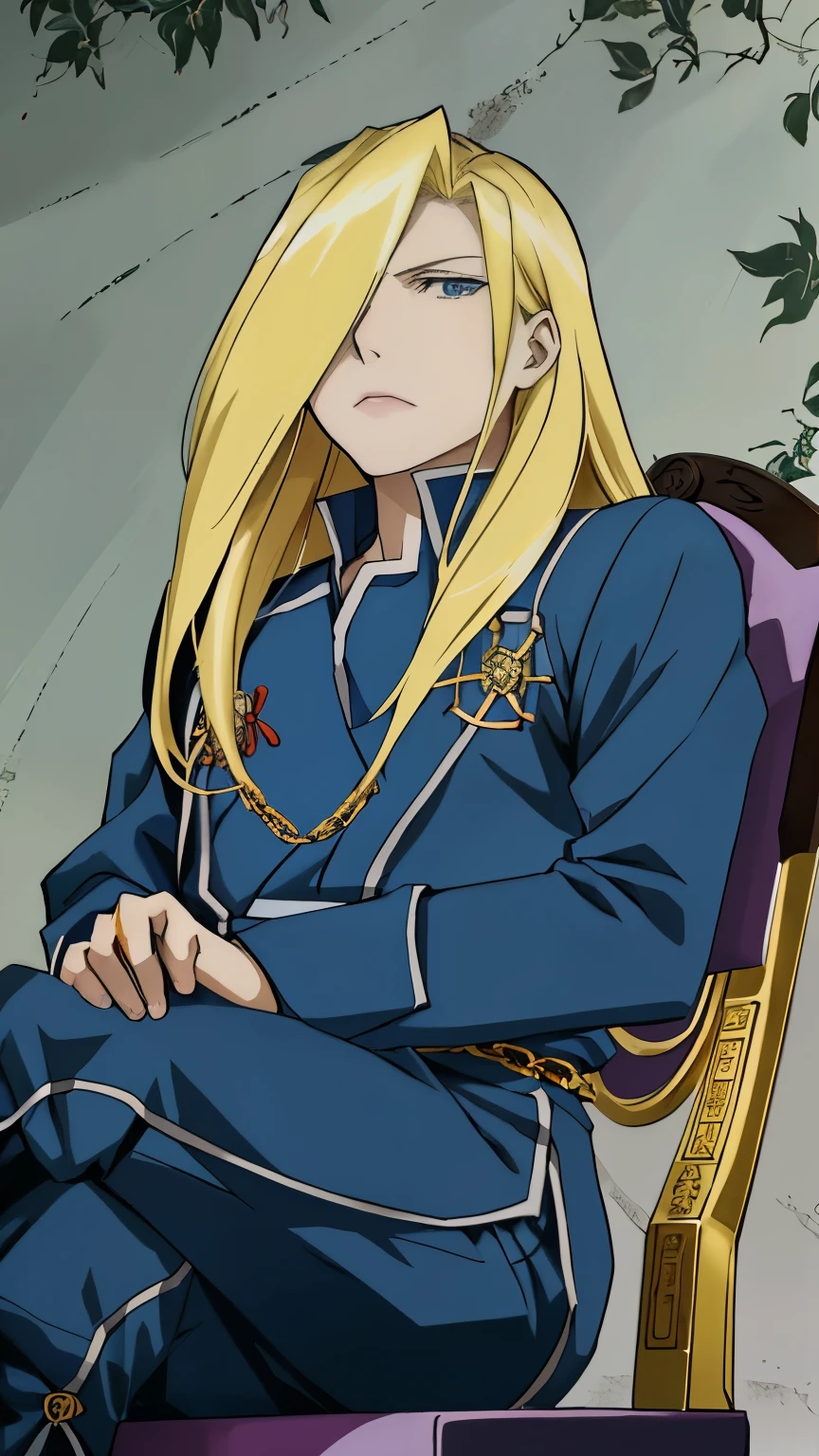 anime character sitting on a chair with a chain around his neck, inspired by Li Chevalier, fujita goro!, in full metal alchemist, marin kitagawa fanart, inspired by Hiromu Arakawa, fujita goro, zerochan art, last exile anime, official art, cushart krenz, highly detailed exquisite fanart, marisa kirisame, zerochan，Olivier Mira Armstrong，金色长头发，钢之炼金术师，女少将，军服，军刀，女硬汉，军大衣，女军人，金色长发女军人，女军人，金发女魔头，大姐姐