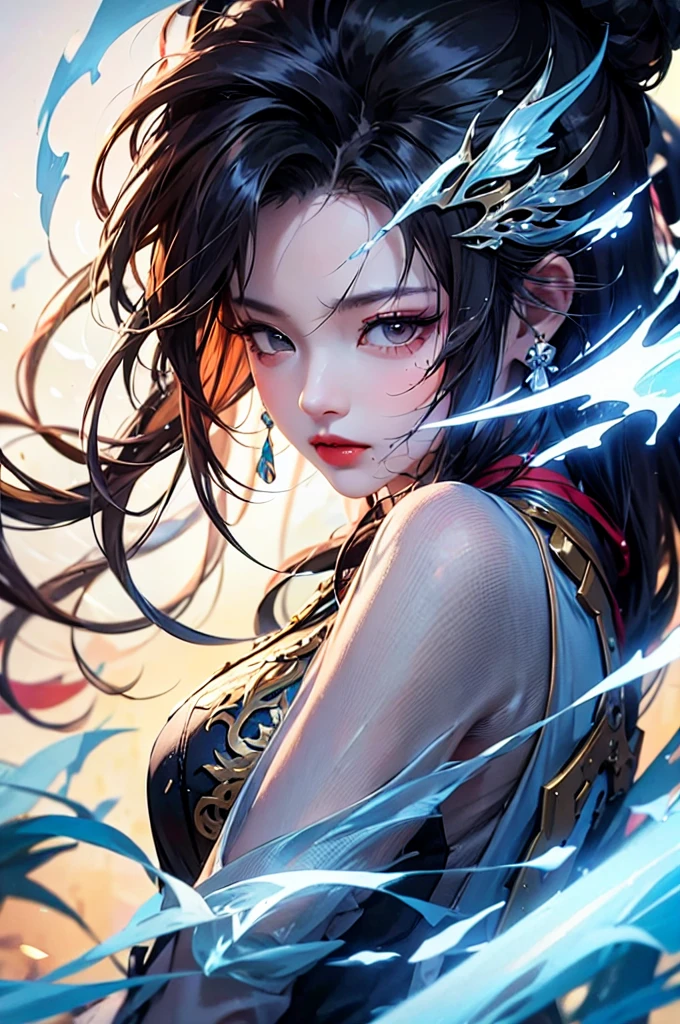 Xianxia style,1girl,Above the chest,A picture full of tension,solo,hot portrait of women, black eyes,epic water bending shot, in frontbeautiful glamor shot, in the style of Xianxia novel, lnuyashiki,water tribe influence, visual kei translucent color, 32k UHD, avatarall grown up,sharp focus,panchromatic film, anime,(best quality:1.2)