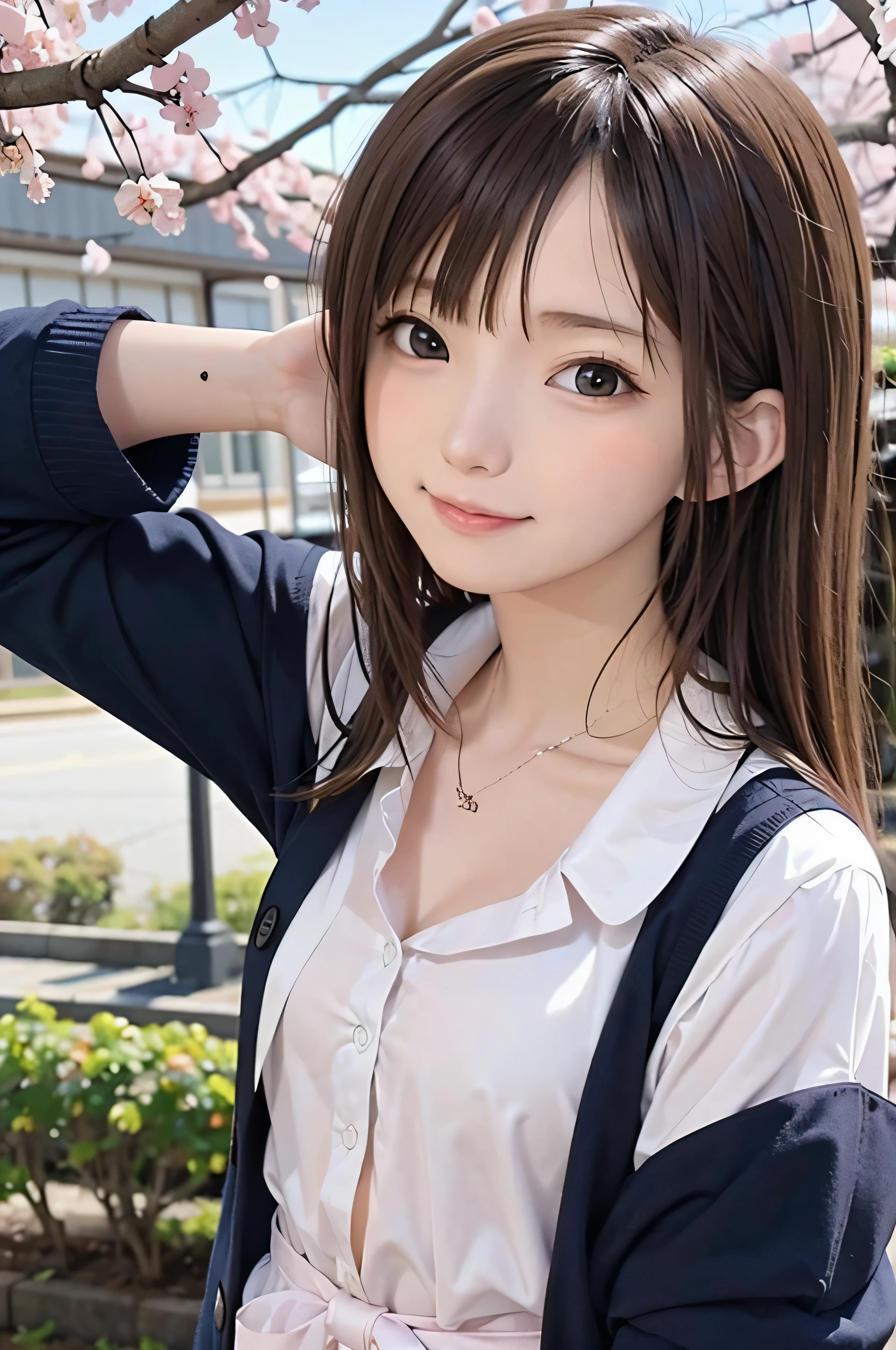 Anime-style portrait of Japanese junior high school girls standing under spring cherry blossoms. she is looking to the side, her long brown hair blows in the wind. The girl has a calm expression, While watching the cherry blossom snowstorm illuminated by soft pink light. her eyes are black and shining, with a subtle smile. She is wearing a Japanese school uniform with a white blouse and a navy blue cardigan。。, Shining in the soft spring sunlight. The girl is depicted small in the frame. in the background, Bright pink cherry blossom branches are blurred. A scene of tranquility, bright, and peaceful atmosphere, Reminds you of the beautiful moments of Japanese anime.