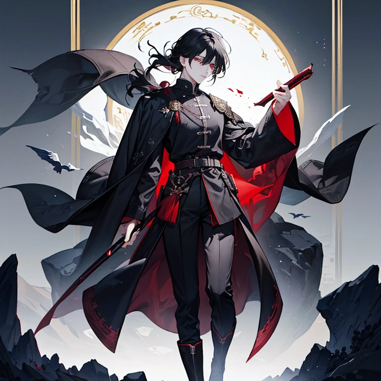 1 boy, One, Black hair, Straight hair, flowing Straight hair, Red eyes, shirt, Wellingtons, Lightweight clothing, topic "Scandinavia", Scandinavian clothing, Looking at the viewer, fantasy art, Beautiful picture, Guwaik style, epic exquisite character art, Awesome characters, man, Cant (reference sheet:1.5)
