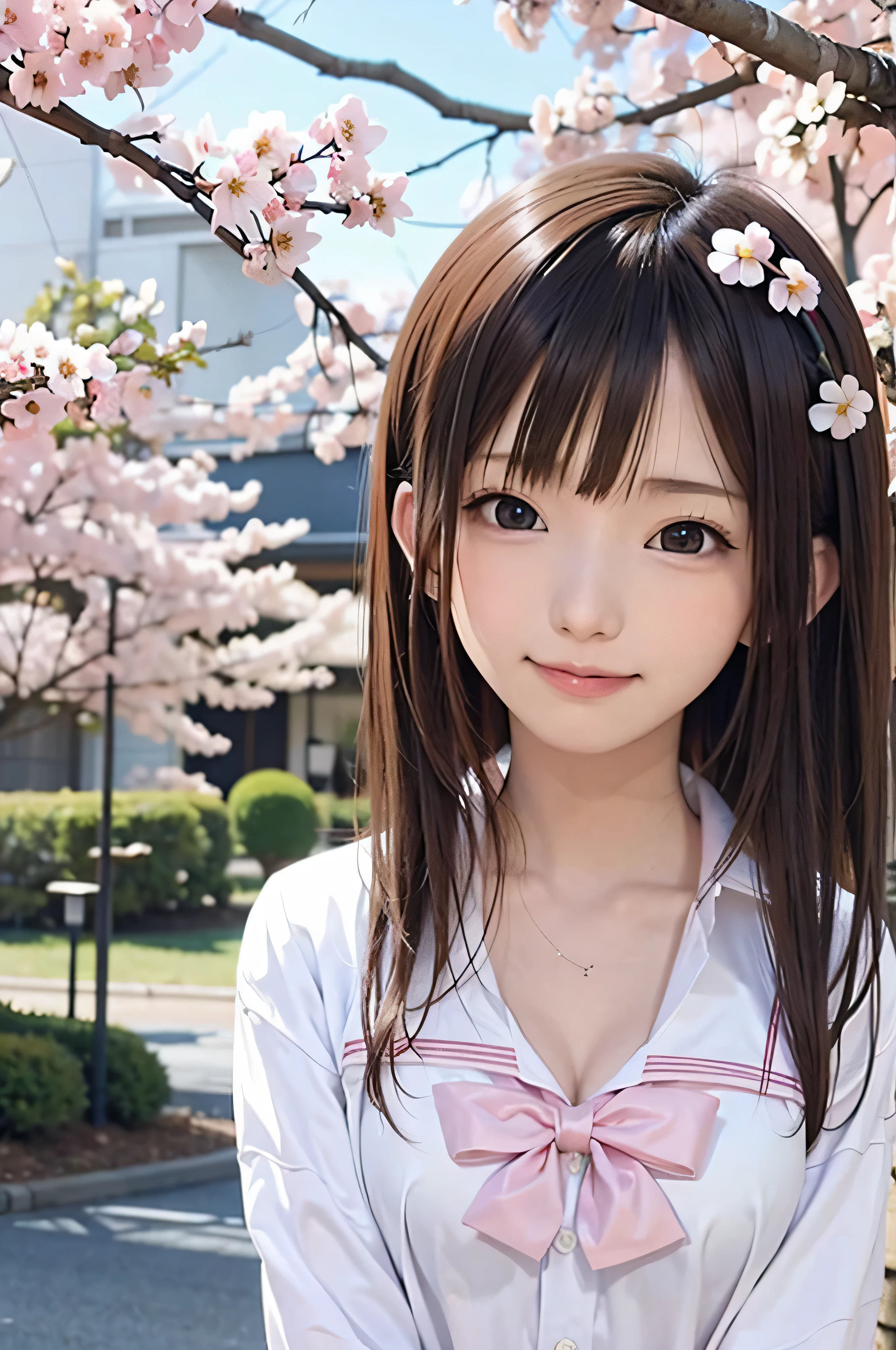 Anime-style portrait of Japanese junior high school girls standing under spring cherry blossoms. she is looking to the side, her long brown hair blows in the wind. The girl has a calm expression, While watching the cherry blossom snowstorm illuminated by soft pink light. her eyes are black and shining, with a subtle smile. She is wearing a Japanese school uniform with a white blouse and a navy blue cardigan。。, Shining in the soft spring sunlight. The girl is depicted small in the frame. in the background, Bright pink cherry blossom branches are blurred. A scene of tranquility, bright, and peaceful atmosphere, Reminds you of the beautiful moments of Japanese anime.