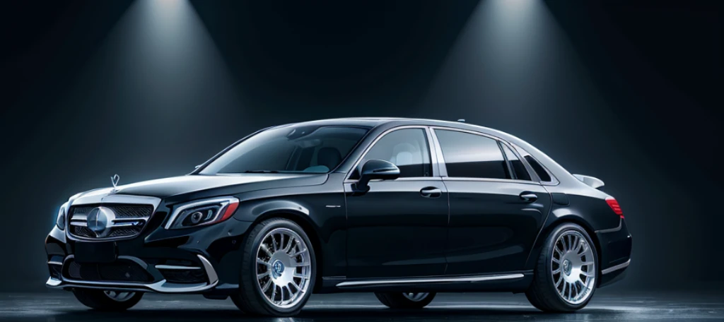 dark ocean blue color 4x4 luxury sedan pursuit, spinning wheels, mercedes-maybach rims, toyota century porsche
