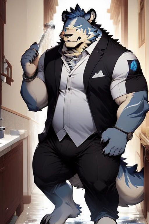 He's a bear, Elegante, zebra, Alce, rinoceronte, javali, tigre, ounce, coelho, gato, Pitbull, pato, rato, porco, lion, is Chubby, loaded, plump, immense, morbid, extremely thick thighs, not wearing clothes, pulseiras de couro, water falling from the shower, your body is completely very wet and full of soap suds, He is holding the gigantic phallus, he is taking a shower in the bathroom, corpo parcialmente coberto com espuma do shampoo, steam in dog medium height. Fotografia de corpo completo foto de corpo inteiro,