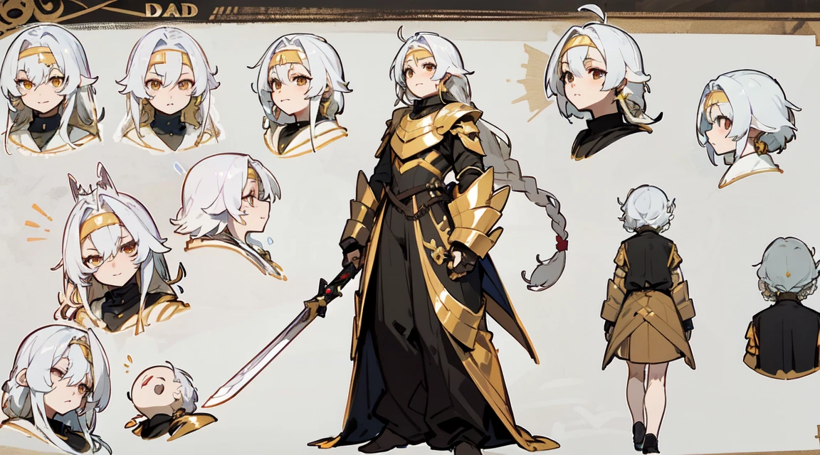 godly dad，victims，sacred costumes，Obscene nun，Crosses, gold, (the masterpiece), Best quality at its best,golden armor，Thin Armor Form，Holding a Long Sword， expressive eyes,    this is the perfect face, (Character Sheets:1),character design，Conceptual role，（The whole body from head to toe）, long white hair, braided hair