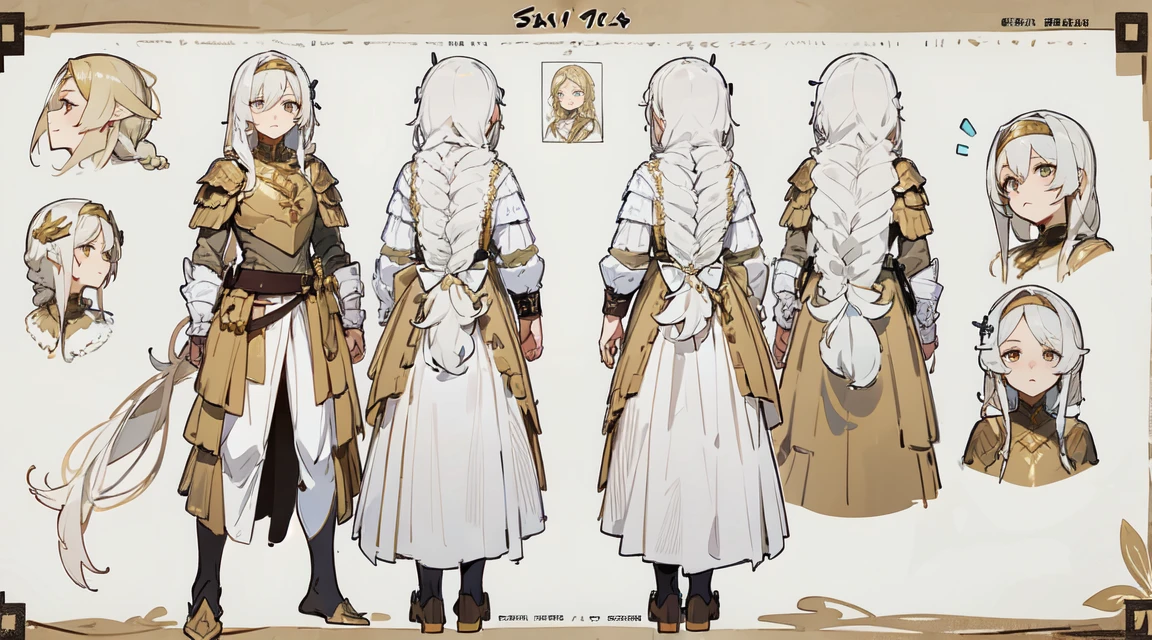 godly dad，victims，sacred costumes，Obscene nun，Crosses, gold, (the masterpiece), Best quality at its best,golden armor，Thin Armor Form，Holding a Long Sword， expressive eyes,    this is the perfect face, (Character Sheets:1),character design，Conceptual role，（The whole body from head to toe）, long white hair, braided hair