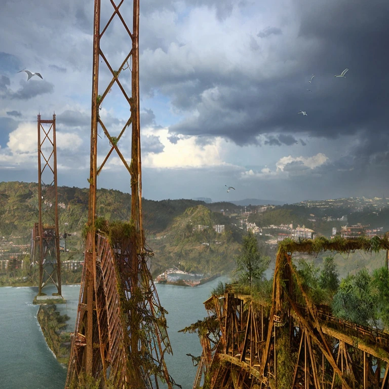 There is a picture of a bridge, which leads over a body of water, matte paintinatte painting”, sehr detaillierte matte Malerei, aufwendige Mattmalerei, Hyperdetaillierte 3D-Matte-Malerei, Hyperdetailliertes 3D-Matte-Painting, a detailed matte painting, Fotorealistische Matte-Malerei, 3D rendered matte painting, Postapokalyptischer Themenpark, aufwendige Matte-Lackierung, insanely detailed matte painting