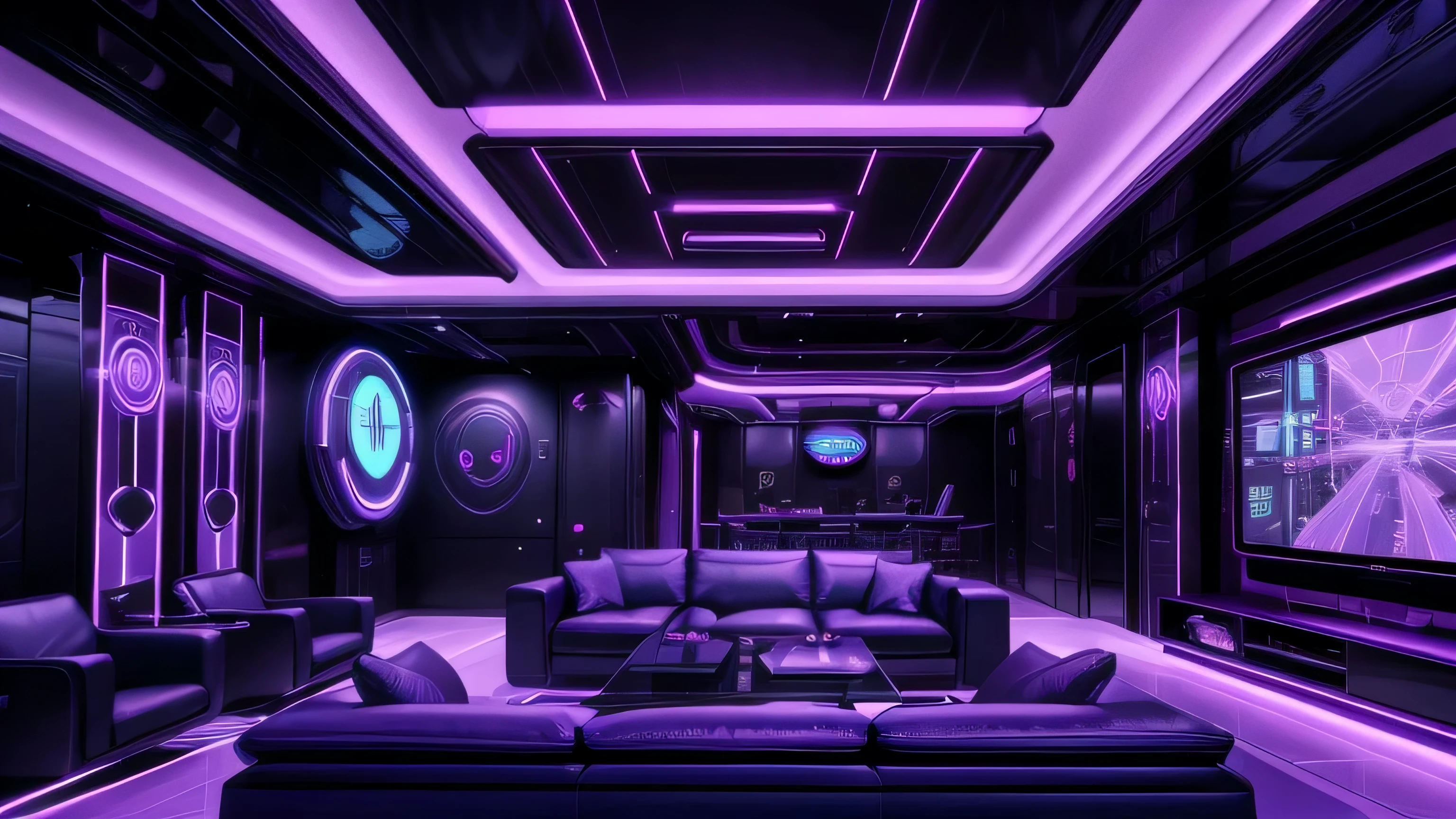 Dynamic angle, a view of a living room with a couch and a table, futuristic room, futuristic setting, gaming setup, futuristic decoration, futuristic looking living room, violet dystopian futurism, violet cyberpunk colors, futuristic but colorful shading, in style of beeple, beeple colors, futuristic aesthetic, futuristic art style, sci-fi aesthetics, inspired by Beeple