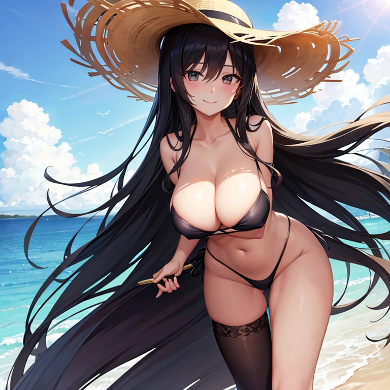 Anime-style full-length portrait of a beautiful girl with straight long black hair in a swimsuit holding her large straw hat from blowing away in the dazzling summer sun and smiling innocently at me.