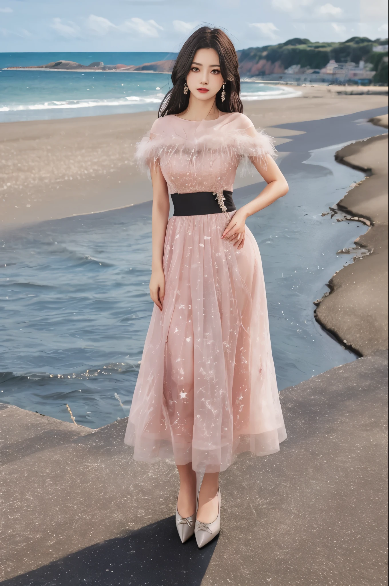 (best quality),(masterpiece),((beautiful:0.75) cute girl:0.75),knees up,standing,looking at viewer,(seaside background:1.2),narrow waist,wide hips,hand on hip, black hair, close-up,
 dress