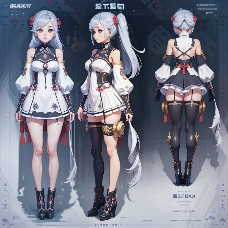 ((table)),(((Best quality)),(Character Design Sheet, same character, Same outfit, FRONT, Side, rug), illustration, 1 girl, Regular clothing of the 21st century., ( background, White background: 1.3), No much exposed skin