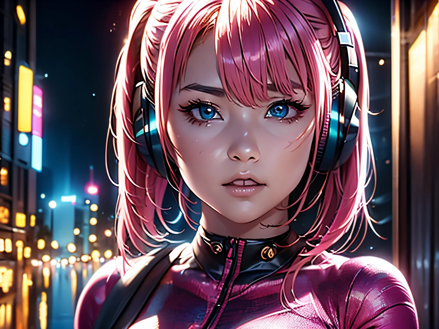 ((Best quality)), ((masterpiece)), ((realistic)) and ultra-detailed photography of a 1nerdy cute girl with neon headphones, She has ((pink hair)), wearing an pink techwear jacket, and exudes a ((beautiful)) vibe.