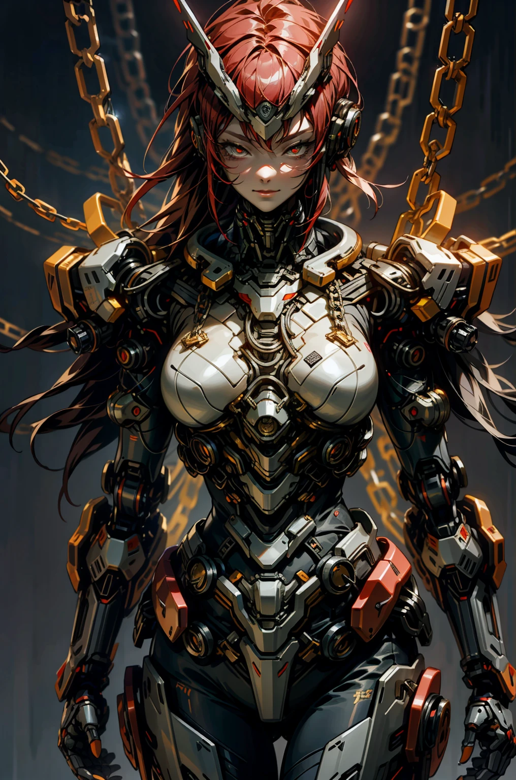 dark_fantasy,cyber punk,(chain saw,chain saw man,red:1.1),1 girl,Mechanical Marvel,robot-like being,cybernetic guardian,
