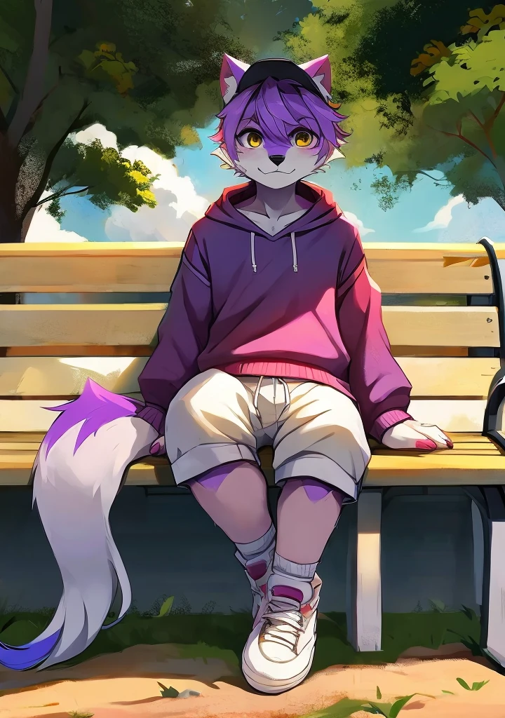 hairy，hairy，Bright purple fur，Bright purple fur，Bright purple fur，Bright purple fur，Bright purple hair，male，canine，Lovely，Lovely，Lovely，the only person，sharp clawine fur，golden eyes，粗眉毛hairy的尾巴，White short sleeves，white shorts，Super detailed：1.0，boy，teenager，teenager，teenager，teenager，Beasts too，Beasts too，Beasts too，Lovely，Lovely，Chautya Dagashi：1.1），anatomically correct，barefoot，Red Claw，paw paw paw，Wearing a baseball cap，Wearing a baseball cap，Wearing a baseball cap，Wearing a baseball cap，Wear a trendy sweatshirt，Wear a trendy sweatshirt，Wear a trendy sweatshirt，Wear a trendy sweatshirt，tall，tall，tall，tall，attention，animal paw，亮White paws，White paws，White paws，White paws，sit on a bench，sit on a bench，sit on a bench，sit on a bench，sit on a bench，Wearing sneakers and white socks，Wearing sneakers and white socks，Wearing sneakers and white socks，Wearing sneakers and white socks