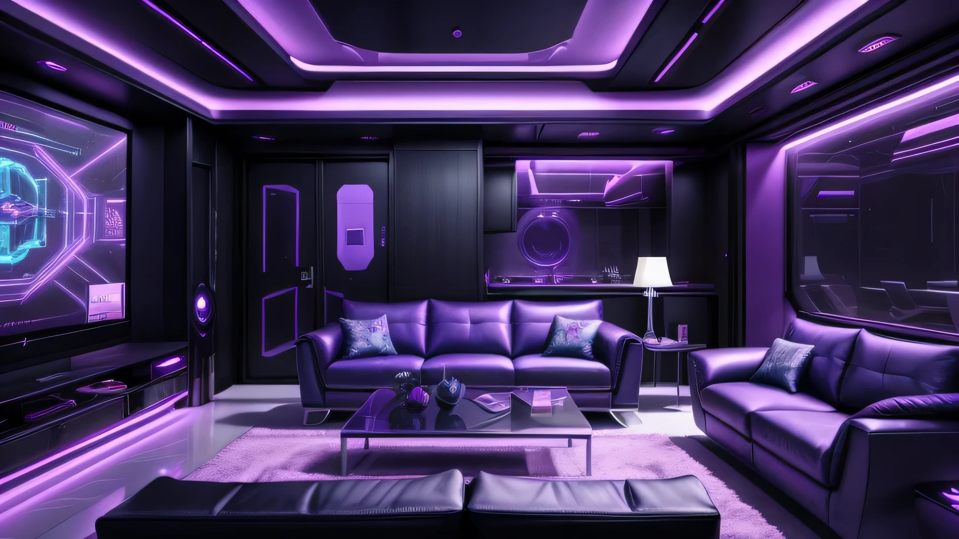 Dynamic angle, a view of a living room with a couch and a table, futuristic room, futuristic setting, gaming setup, futuristic decoration, futuristic looking living room, violet dystopian futurism, violet cyberpunk colors, futuristic but colorful shading, in style of beeple, beeple colors, futuristic aesthetic, futuristic art style, sci-fi aesthetics, inspired by Beeple