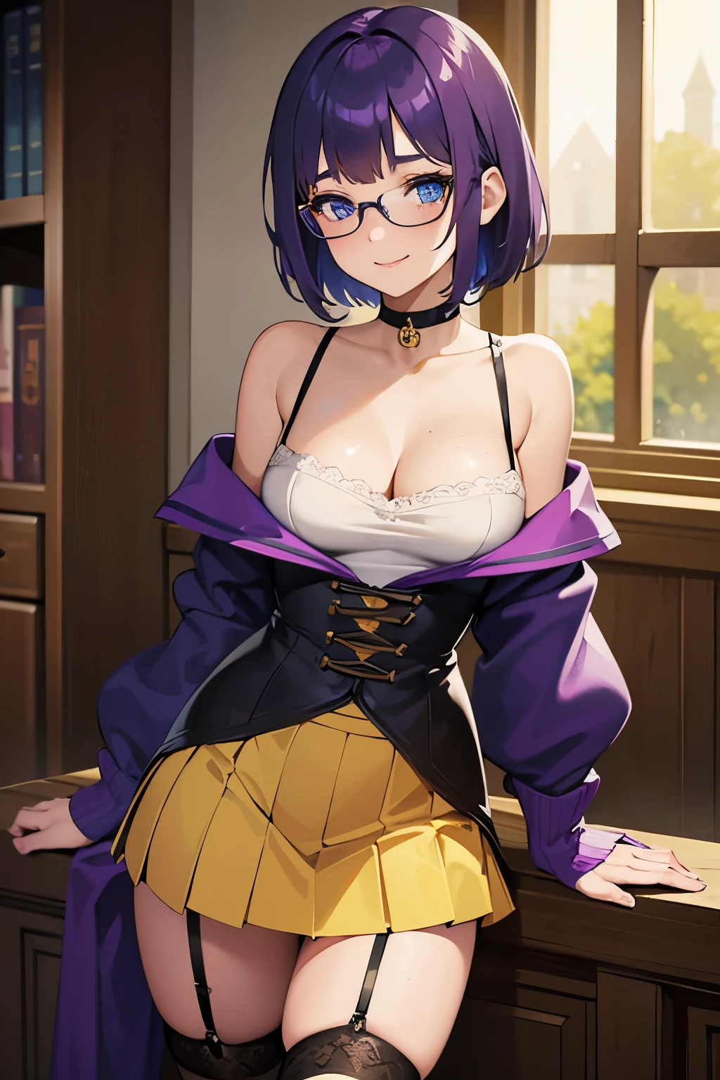 beautiful age girl, medium breasts, cleavage, thin body, very short hair, purple hair, blue eyes, freckles, seductive, smiling, blushing, yellow off shoulder sweater, micro pleated skirt, thigh high socks, garter straps, schoolgirl shoes, thin frame eyeglasses, choker, detailed background, light rays, castle interior, Hogwarts, Hufflepuff student