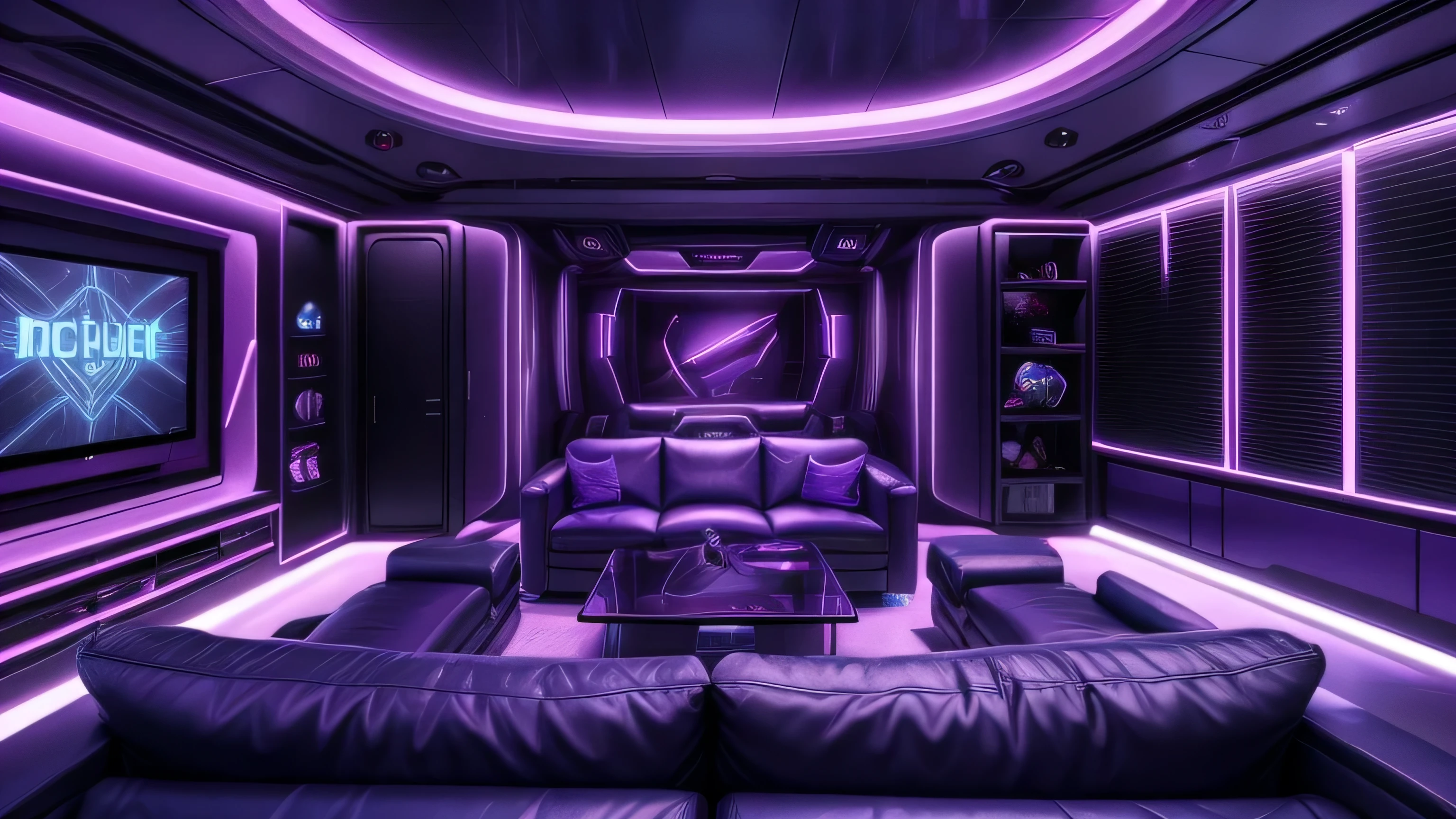 Dynamic angle, a view of a living room with a couch and a table, futuristic room, futuristic setting, gaming setup, futuristic decoration, futuristic looking living room, violet dystopian futurism, violet cyberpunk colors, futuristic but colorful shading, in style of beeple, beeple colors, futuristic aesthetic, futuristic art style, sci-fi aesthetics, inspired by Beeple