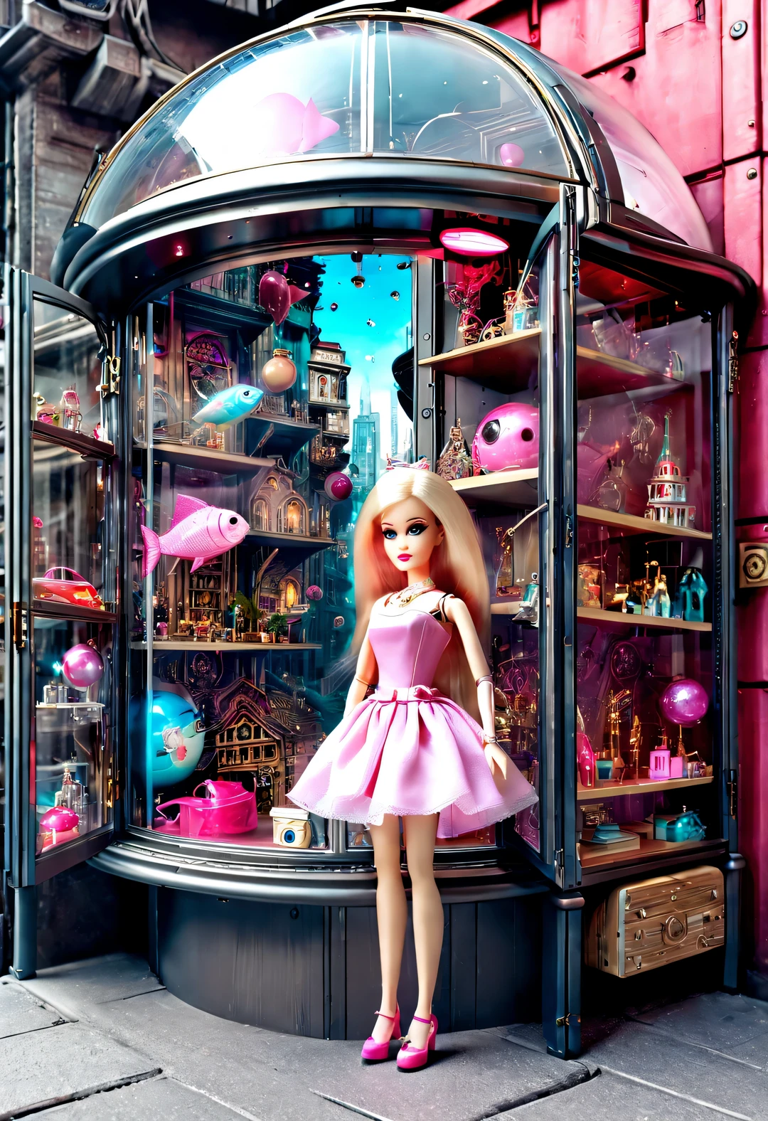 （Barbie doll toy store window display in cyberpunk style glass display cabinet on street corner of futuristic city with fish eye effect），蒸汽赛博朋克style，European classic red、pink、蓝色和金ackground为background，Extraordinarily beautiful and clear face，big eyes，small music box toy，jewelry toys，Vintage engraved shelf with many toys pattern，Showcasing various Barbie Princess collections，Each doll  dressed in gorgeous and exquisite clothes，配上精美的珠宝和shoe，barbie accessories，Various clothing、shoe、Jewelry etc.，(background：Hologram of a little girl looking at the window），With 3D rendering、style、photography，