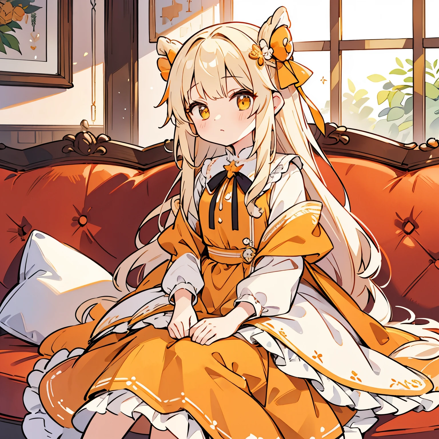 1 person、girl、long、Ribbon hair ornament、sitting on the sofa、looking at the camera、dress、color palette(yellow、white、orange)、Princess