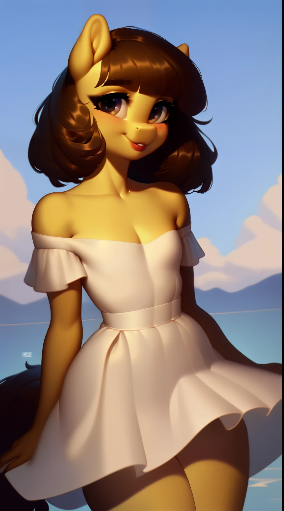 (score_9), (source_ derpibooru_p_95), (earth pony), ((anthro oc pony:1.1)), (shoulderless cute dress), adorable, blushing, cute smile, solo, realistic brown hair, bangs, anatomically correct, flat chest, solo, curvy figure, short, cute, high res, bottom lip, collarbone, extremely detailed, 