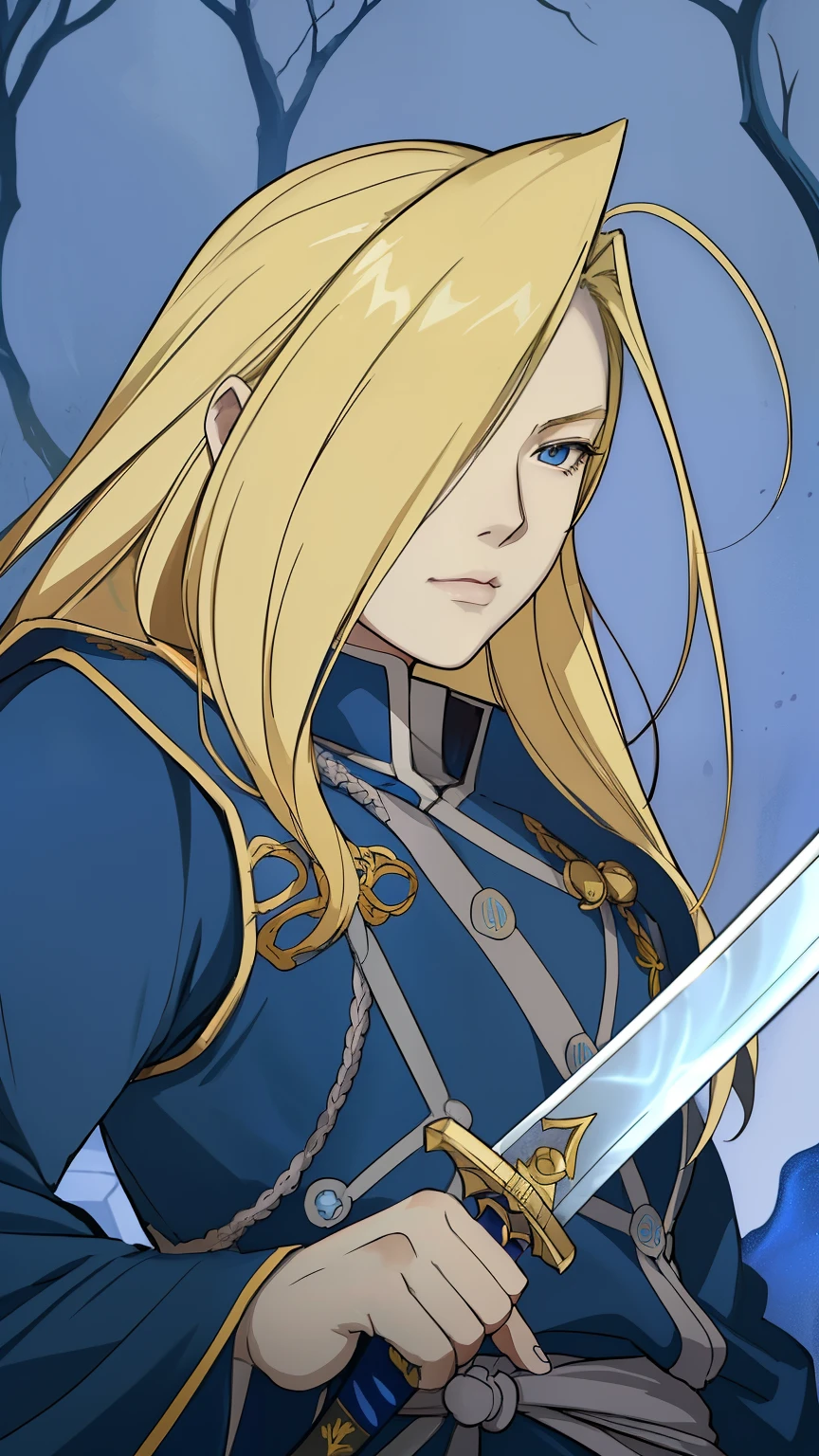 anime character with blonde hair holding a sword in a blue room, inspired by Li Chevalier, final fantasy tactics character, character art closeup, in full metal alchemist, portrait of fin wildcloak, casimir art, cel - shaded art style, vincent di fate nausicaa, full color digital illustration, lodoss, she  holding a sword，Olivier Mira Armstrong，金色长头发，钢之炼金术师，女少将，军服，军刀，女硬汉，军大衣，女军人，金色长发女军人，女军人，金发女魔头，大姐姐