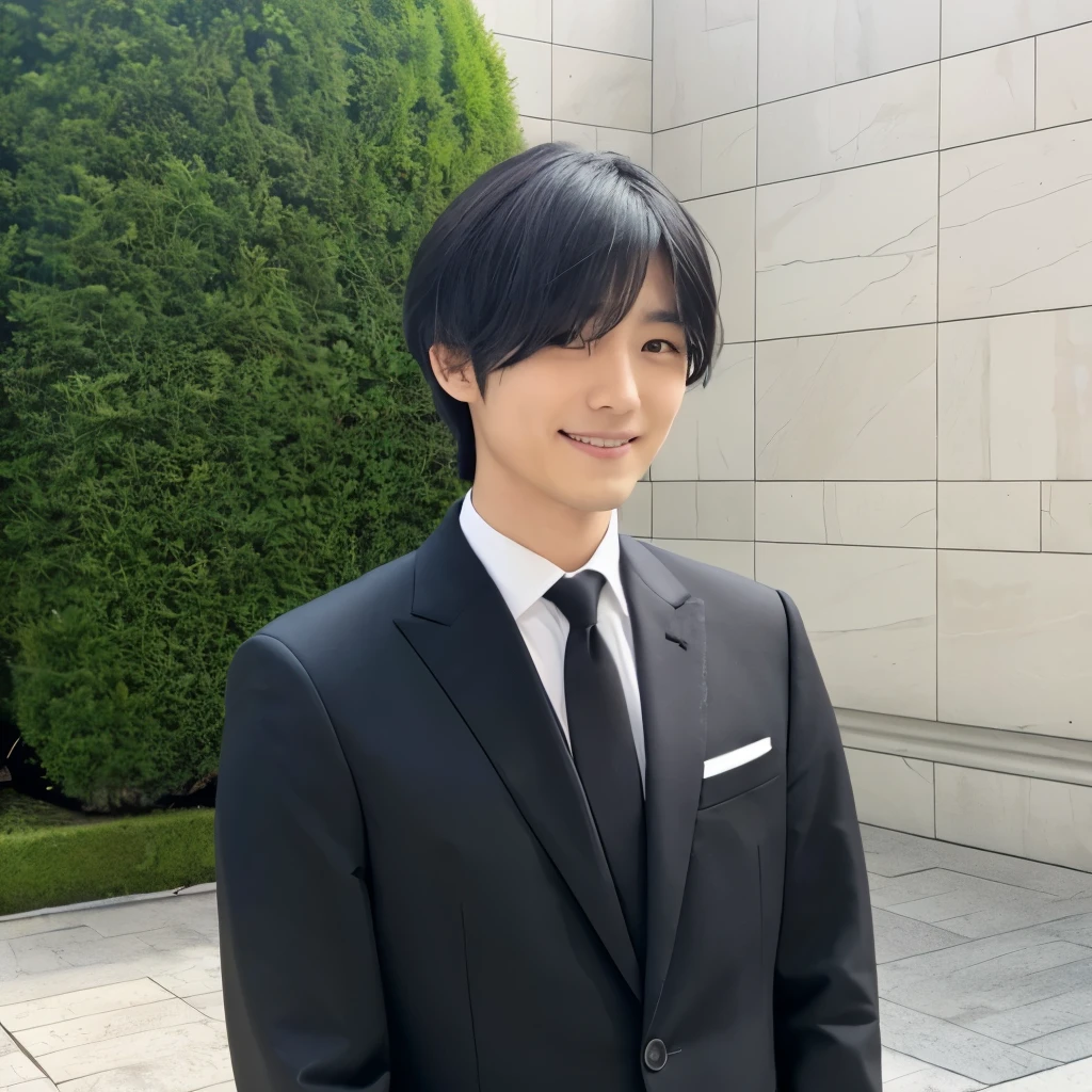 Japanese male 30 years old Fair skin black hair Has bangs shoulder-length ponytail I'm smiling with my eyes closed white cutter shirt black tie black suit baby face
