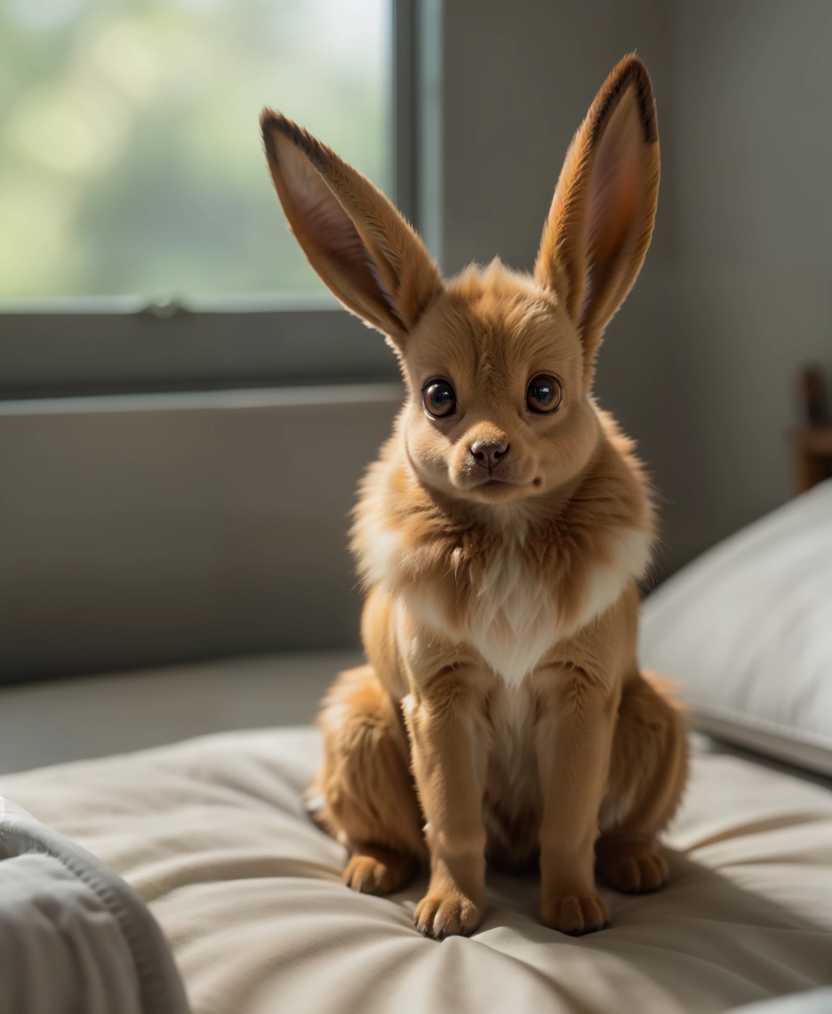 feral eevee sitting on bed,BREAK,(masterpiece, best quality, ultra realistic, 4k, 2k, (intricate:1.1), (high detail:1.4), film photography, (soft focus:1.1),RAW photo, photorealistic, analog style, subsurface scattering, photorealism, absurd res)