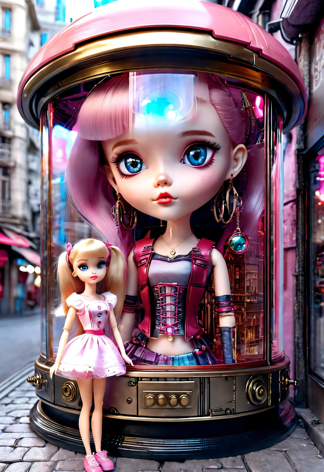 （A little girl  looking at the Barbie doll toy store window in a cyberpunk style glass display case on a street corner in a futuristic city），Fish eye effect,蒸汽赛博朋克style，European classic red、pink、蓝色和金ackground为background，Extraordinarily beautiful and clear face，big eyes，small music box toy，jewelry toys，Vintage engraved shelf with many toys pattern，Showcasing various Barbie Princess collections，Each doll  dressed in gorgeous and exquisite clothes，配上精美的珠宝和shoe，barbie accessories，Various clothing、shoe、Jewelry etc.，(background：Hologram of a little girl looking at the window），With 3D rendering、style、photography，