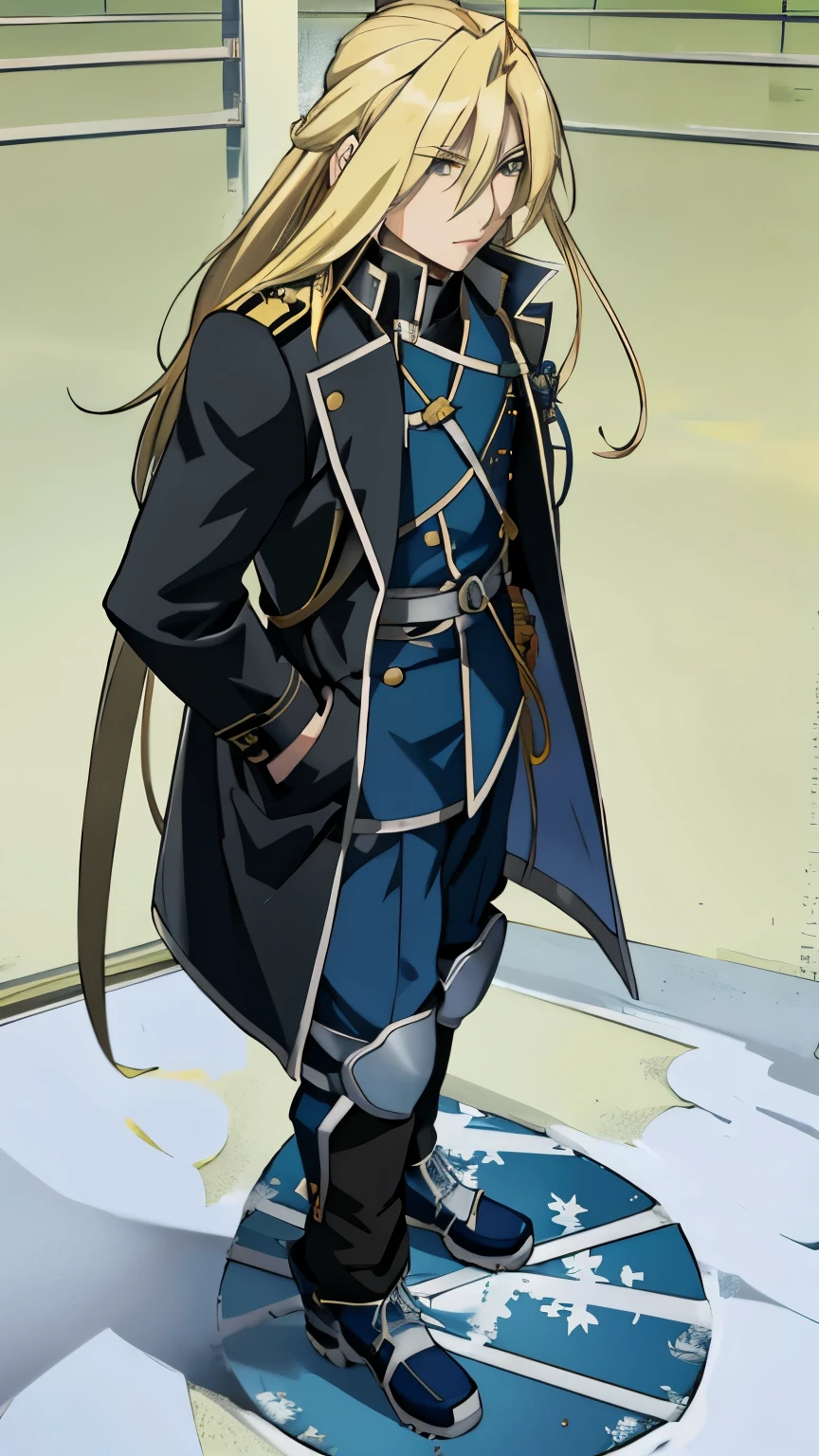 anime character with long blonde hair and blue coat standing on a snowboard, masamune shiro, shirow masamune, hijikata toushirou of gintama, masamune, inspired by Yamagata Hiro, full body close-up shot, killy from blame!, okita sougo, inspired by Okumura Masanobu，Olivier Mira Armstrong，long blonde hair，Fullmetal Alchemist，female major general，uniform，saber，Female tough guy，military coat，female soldier，金色长发female soldier，female soldier，Blonde devil，big sister