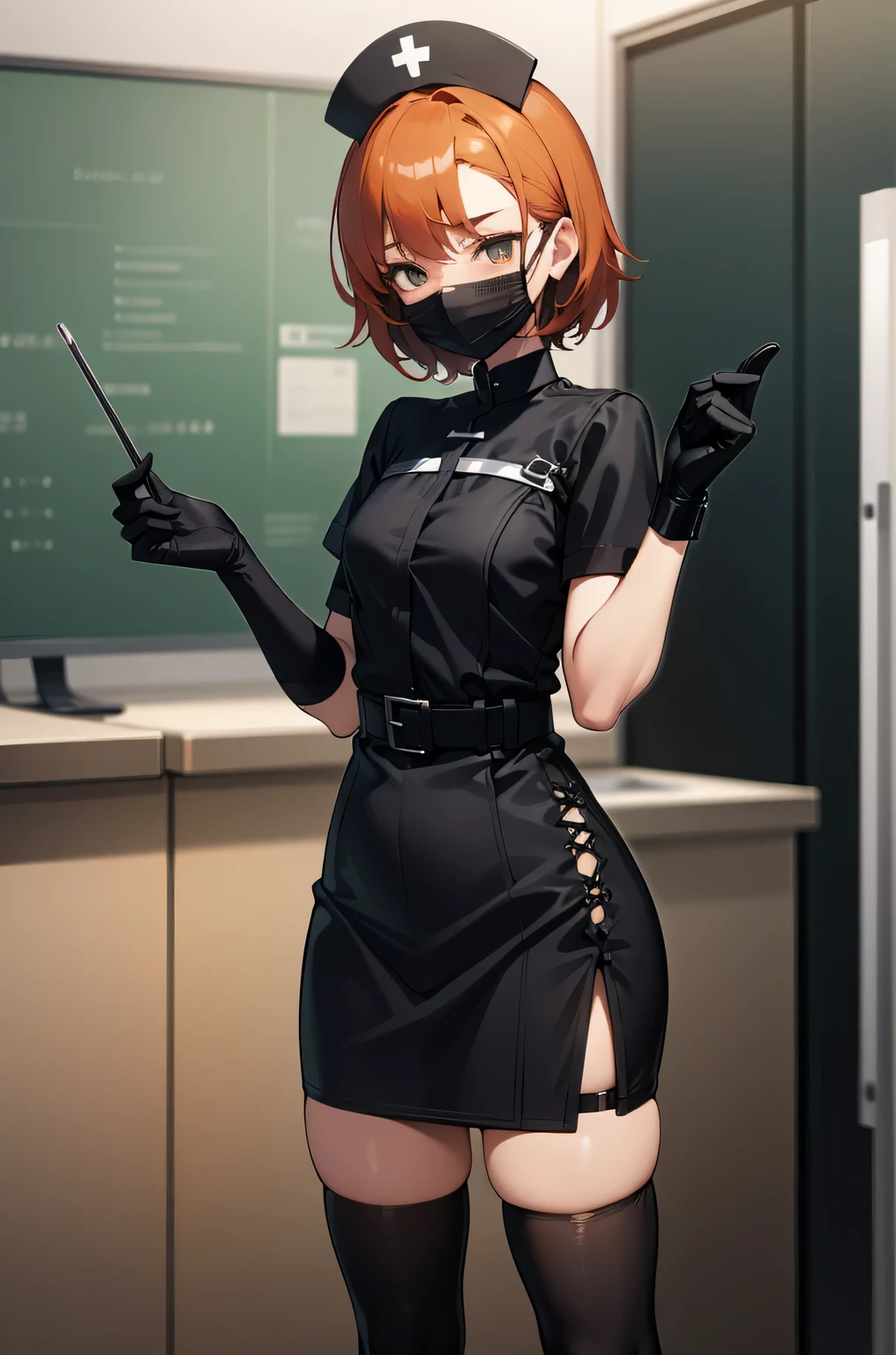 black nurse, 1 girl, alone, black nurse cap, Black Wear, ((black legwear, zettai ryouiki)), black elbow gloves, very short hair, orange hair, ((Black surgical mask, Covered nose)), Are standing, ((operating room)), sharp outline, short sleeve, Tomboy, boyish, highest quality, masterpiece