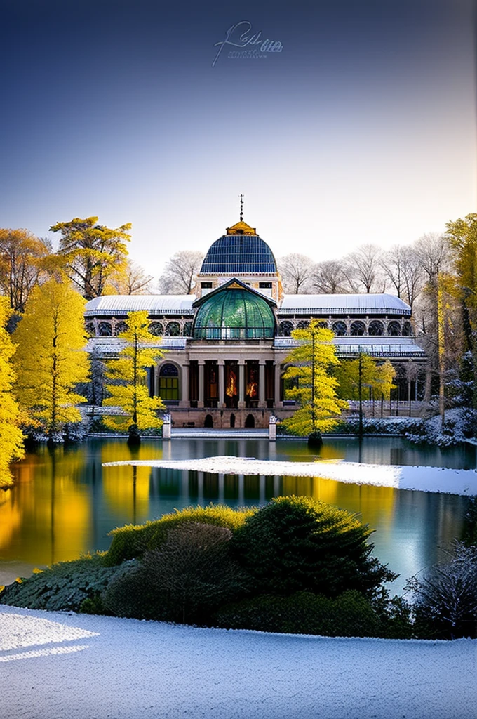 Aerial view of a large glass building in the Retiro Park in Madrid, with a glass dome on top., frio pero hermoso, cold as ice! 🧊, Entorno invernal, hermoso lugar, Cubierto con nieve, a Palacio de Cristal, against a winter garden, Palacio Opalescente, Palacio de Cristal, en invierno, en el invierno, las maravillas de invierno, colores frios, durante las nevadas, Madrid, Hermoso entorno