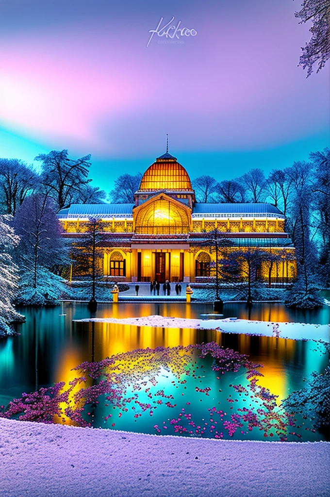 Aerial view of a large glass building in the Retiro Park in Madrid, with a glass dome on top., frio pero hermoso, cold as ice! 🧊, Entorno invernal, hermoso lugar, Cubierto con nieve, a Palacio de Cristal, against a winter garden, Palacio Opalescente, Palacio de Cristal, en invierno, en el invierno, las maravillas de invierno, colores frios, durante las nevadas, Madrid, Hermoso entorno