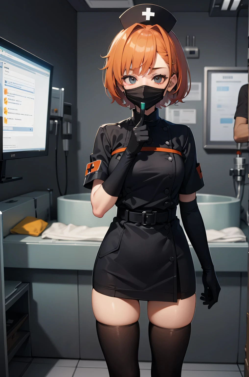 black nurse, 1 girl, alone, black nurse cap, Black Wear, ((black legwear, zettai ryouiki)), black elbow gloves, very short hair, orange hair, ((Black surgical mask, Covered nose)), Are standing, ((operating room)), sharp outline, short sleeve, Tomboy, boyish, highest quality, masterpiece