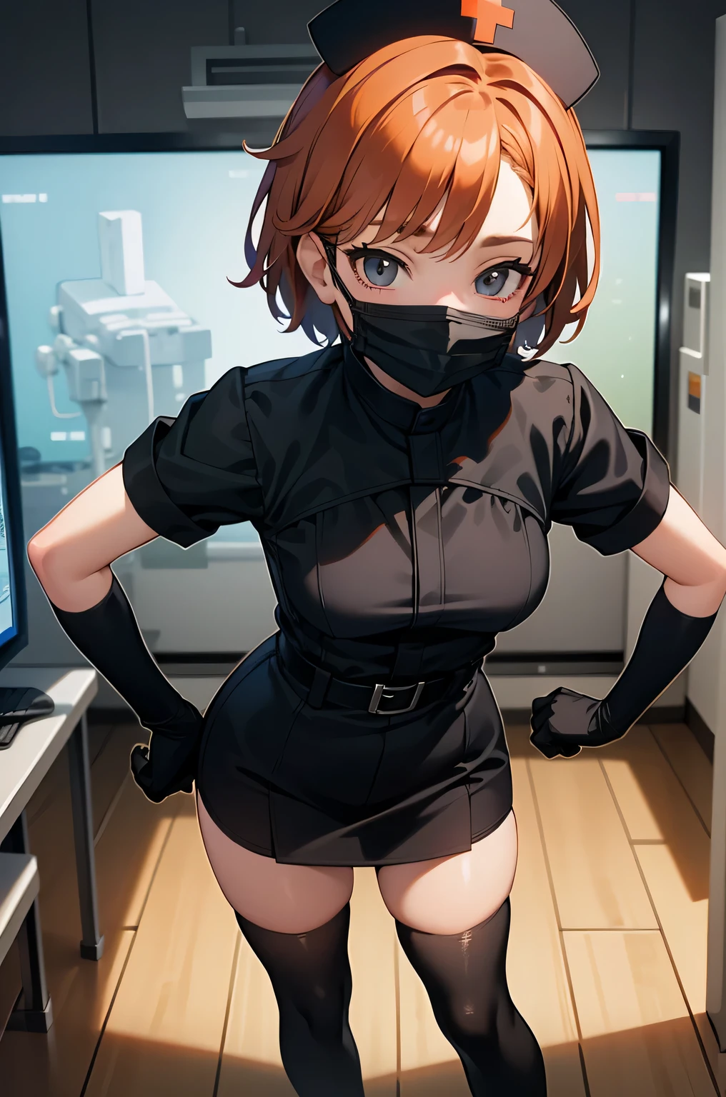 black nurse, 1girl, solo, black nurse cap, black wear, ((black legwear, zettai ryouiki)), black elbow gloves, very short hair, orange hair, ((black surgical mask, covered nose)), standing, ((surgery room)), sharp outline, short sleeves, tomboy, boyish, best quality, masterpiece