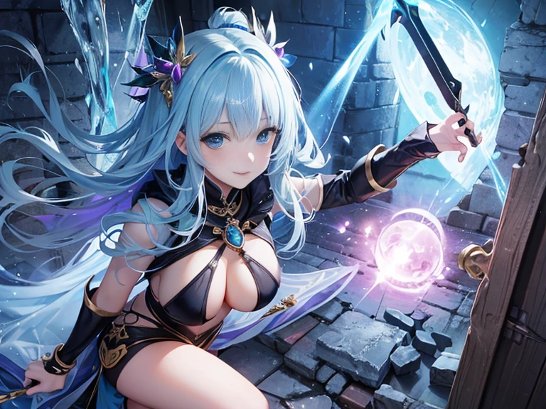 masterpiece 最high quality high quality 1Man Cute Woman fantasy adventurer Inside the dungeon Inside the ruins Ice magic gal battle effect devilish smile Uplifting jump